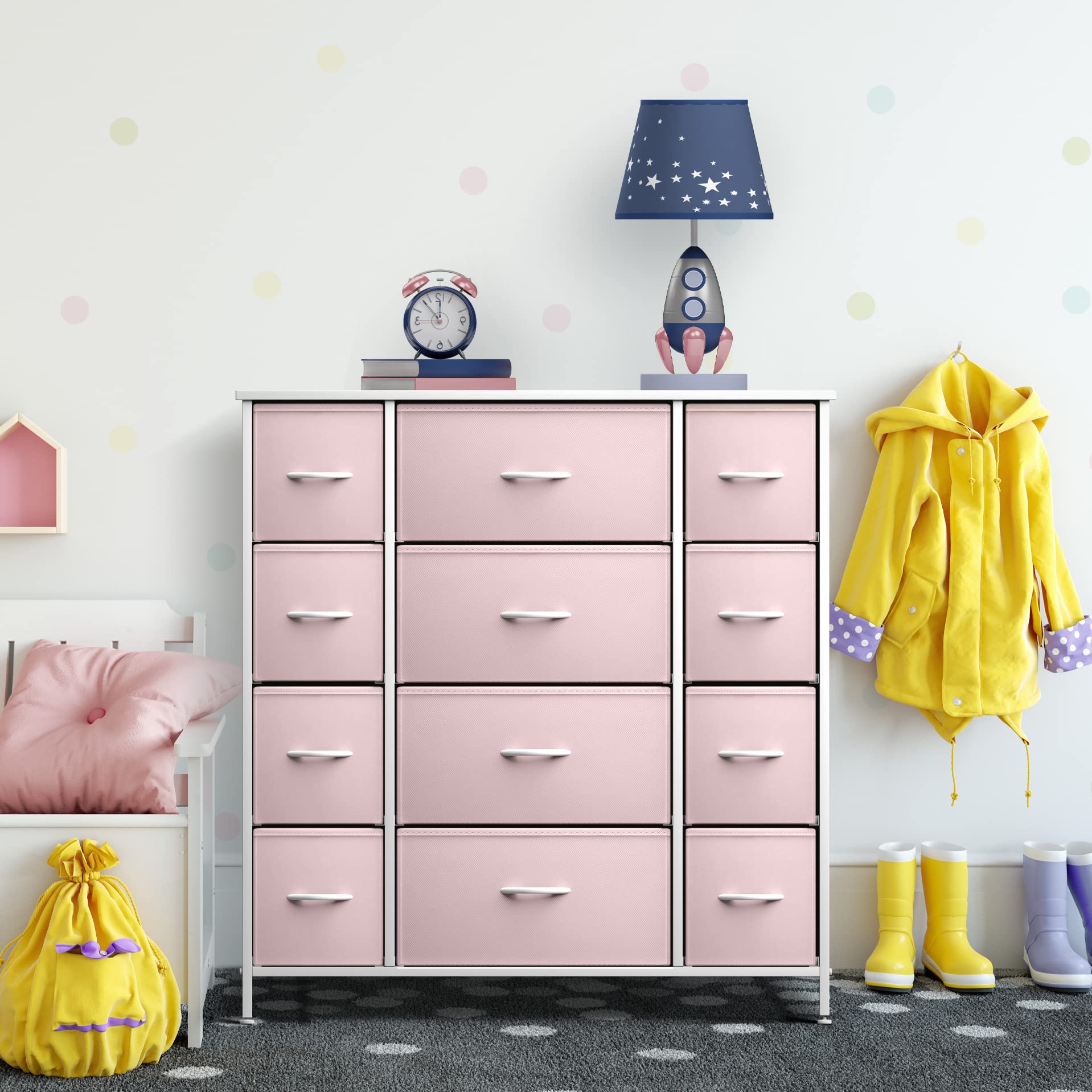 Sorbus 12-Drawer Kids Dresser Organizer with Steel Frame & Wood Top - Large Fabric Bin Storage for Clothes, Toys & Nursery Essentials - Perfect for Bedroom, Hallway, Kids Room & Closet Organization (Pink)