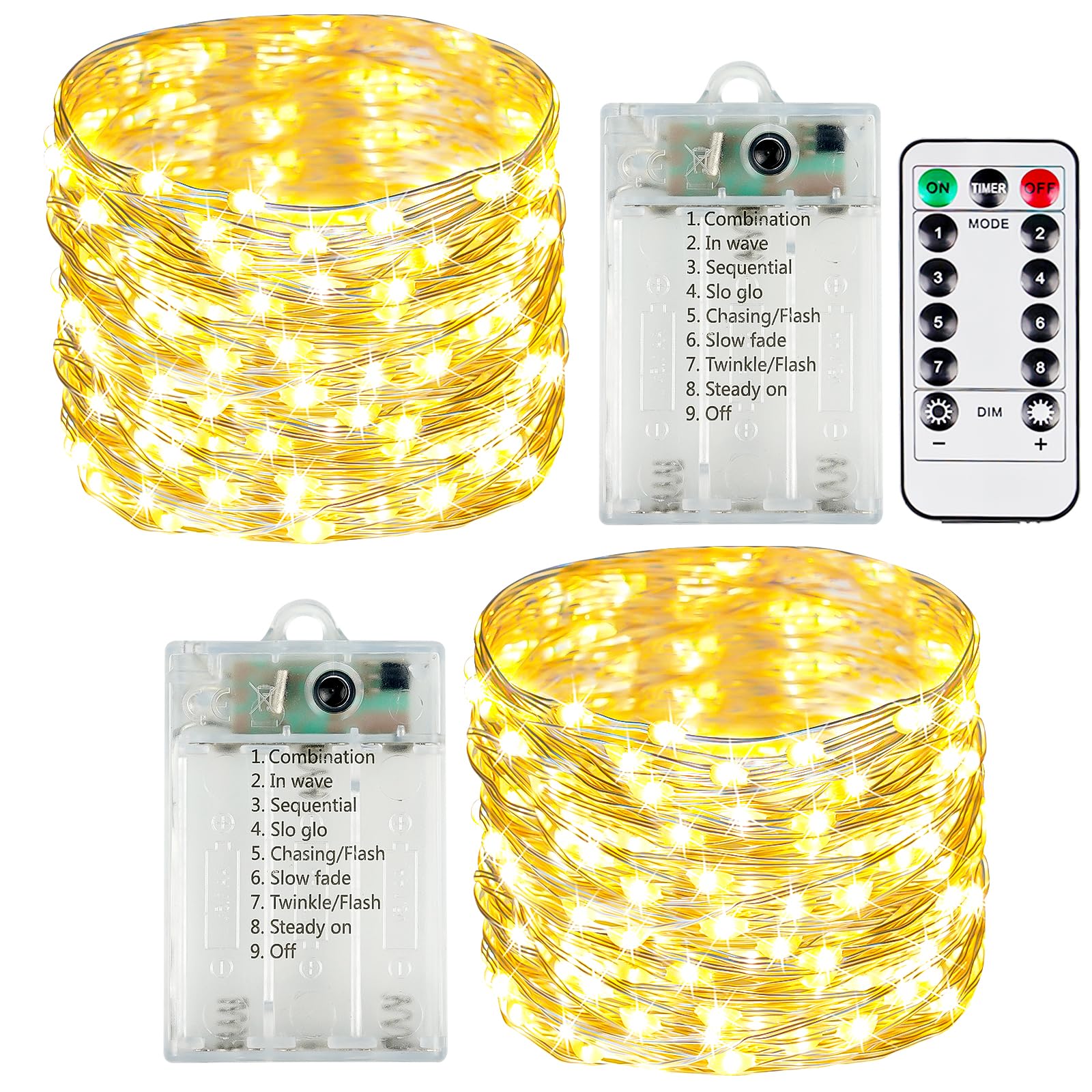2 Pack Fairy Lights Battery Operated with Remote Control Timer - 33ft LED String Lights for Indoor Outdoor Decor, 8 Lighting Modes - Perfect for Christmas, Wedding, Birthday Party, Bedroom, Garden & Patio Lighting (Warm White)