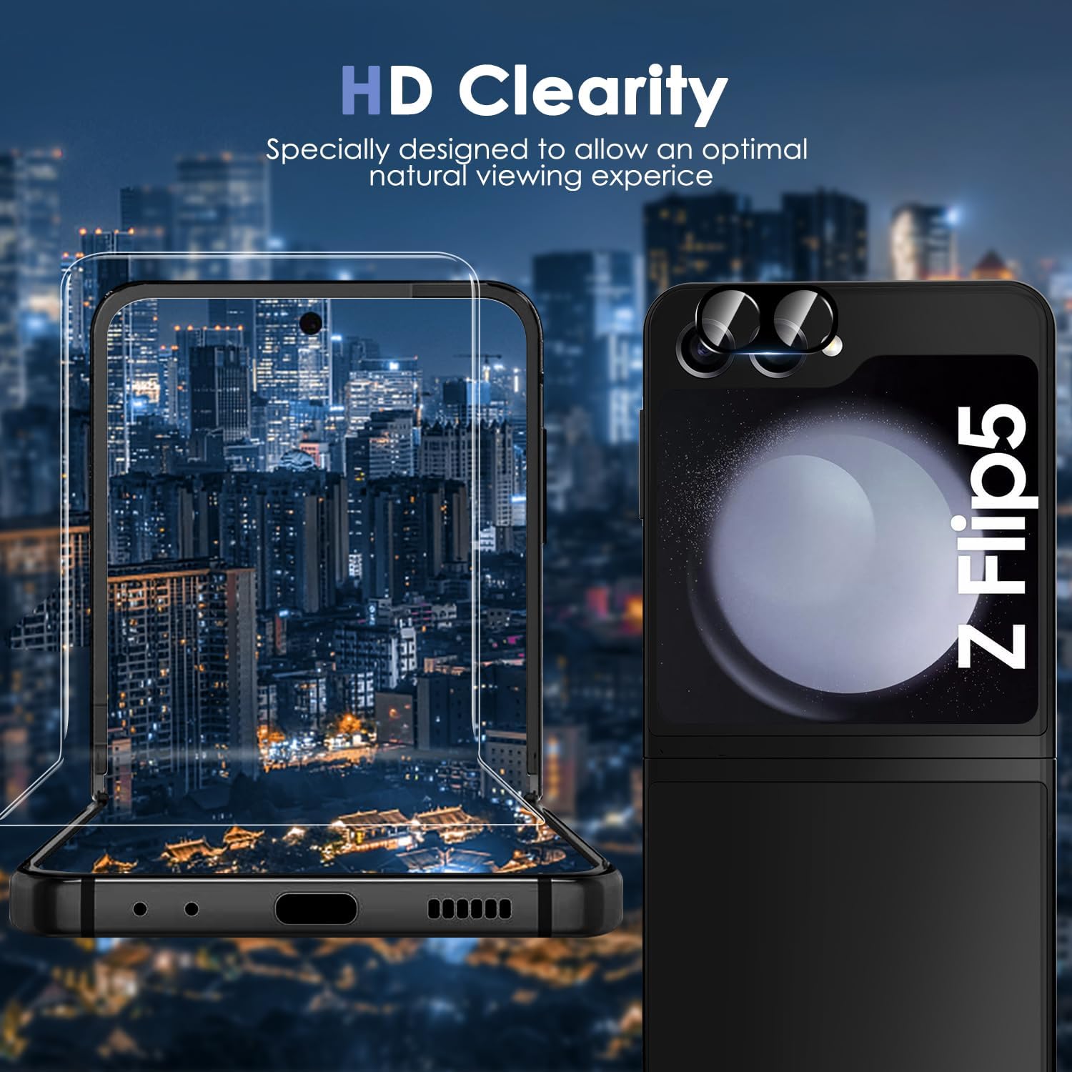 Samsung Galaxy Z Flip 5 Protective Case with 2 Tempered Glass Screen Protectors - Slim Fit Cover for Everyday Use & Travel Protection