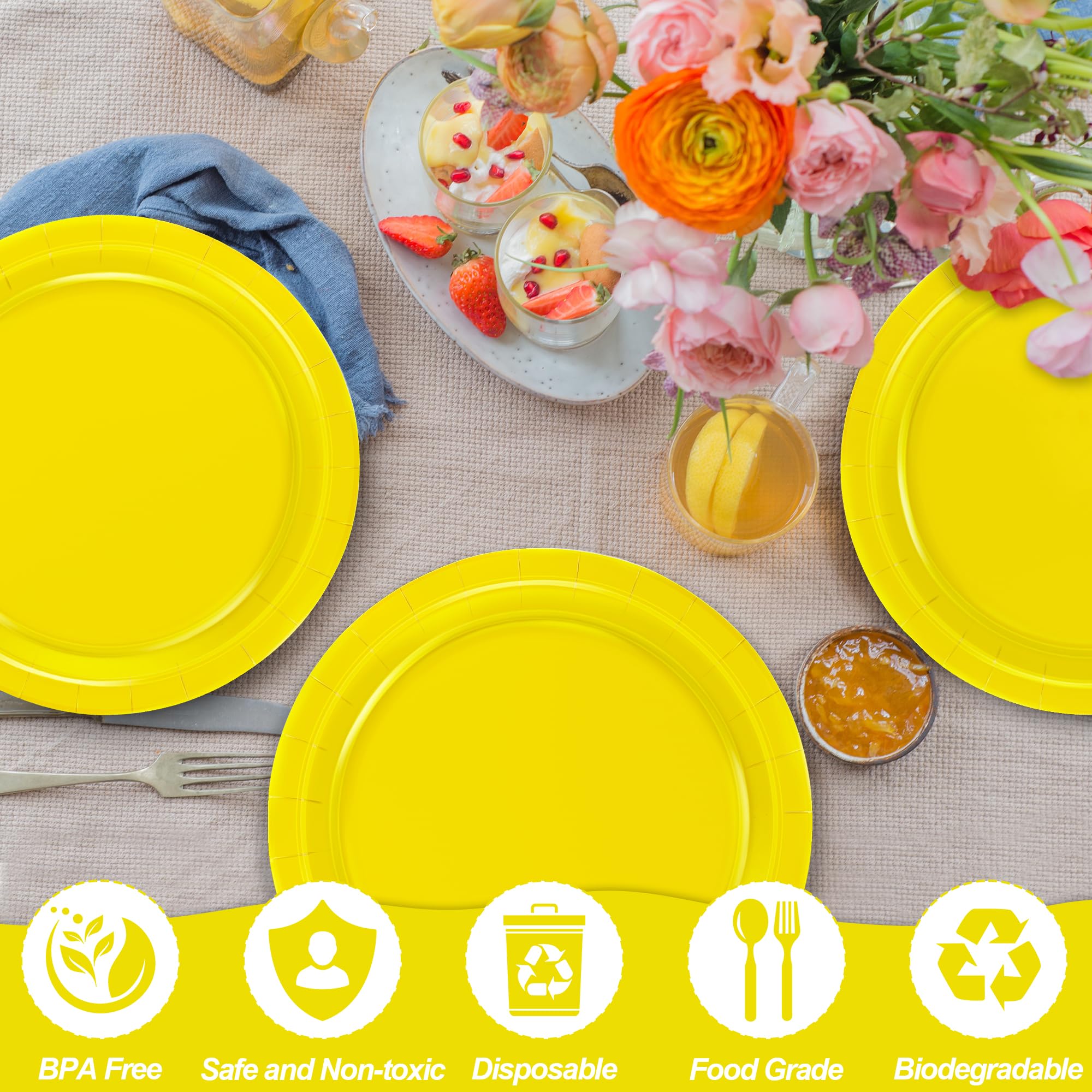 QZYL 50-Pack Disposable 9-Inch Round Paper Plates - Yellow Dinner Plates for Parties, Picnics, Weddings & Events | Eco-Friendly Party Supplies for Daily Meals, Anniversaries & Festive Gatherings
