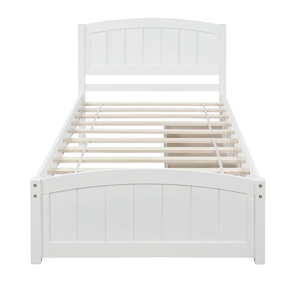 Twin Size Platform Bed Frame with 2 Drawers, Wooden Headboard & Footboard - Space Saving Design, White | Perfect for Small Bedrooms, Kids Rooms & Studio Apartments