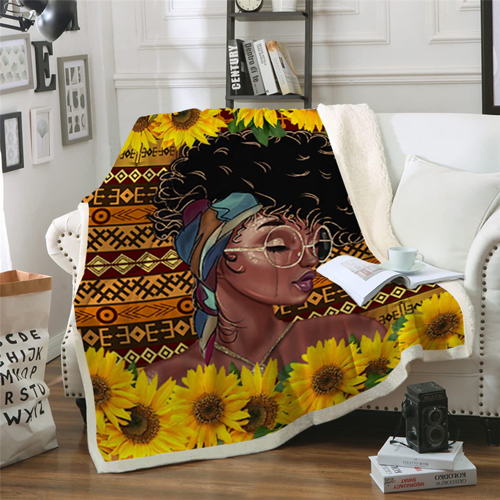 HAVOP African American Girl Sunflower Blanket - 60x80 Inch Plush Fleece Sherpa Throw Blanket for Couch, Sofa & Bed - Ultra Soft Thick Winter Blanket for Women & Girls - Perfect for Cozy Nights, Movie Time & Home Decor