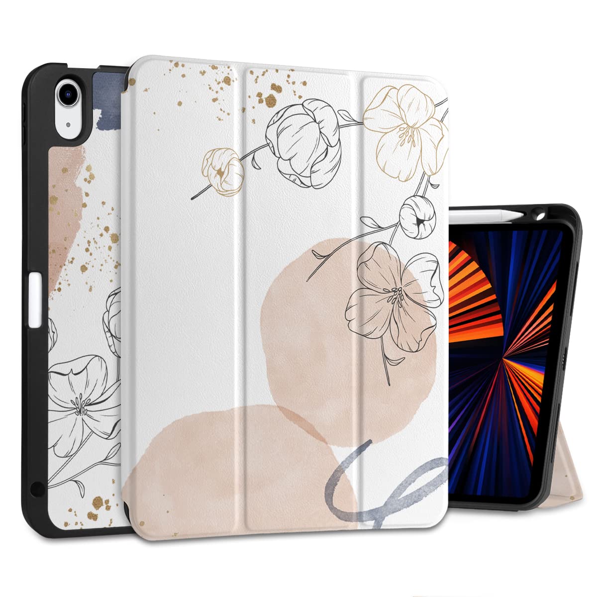 MEEgoodo iPad Air 5th/4th Generation Case 10.9 inch (2020/2022 Model) with Pencil Holder - Trifold Stand Protective Soft TPU Cover for Kids, Abstract Floral Design - Perfect for School, Travel & Home Use