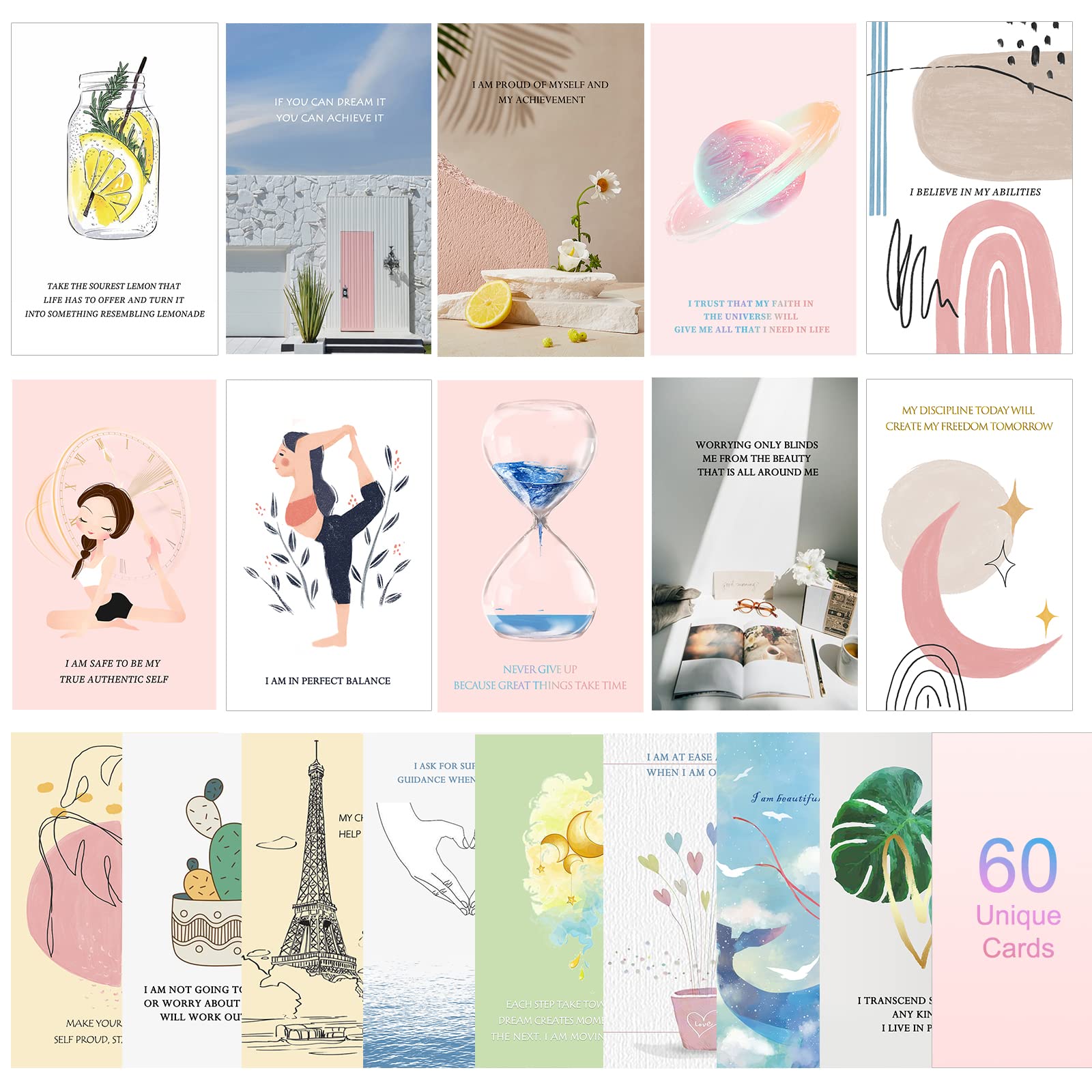 60 Pcs Inspirational Affirmation Cards for Women - Motivational Quote Cards, Positive Daily Affirmations, Mindfulness & Self-Care Gift, Meditation Encouragement Cards - Perfect for Yoga, Journaling & Personal Growth