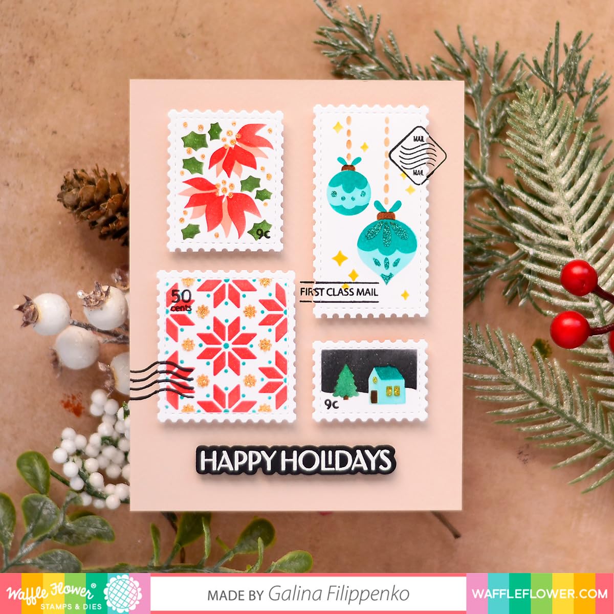 Waffle Flower Postage Collage Stamp Set for Card Making, Scrapbooking & DIY Crafts - Vintage Style Rubber Stamps for Handmade Greeting Cards, Journals and Stationery