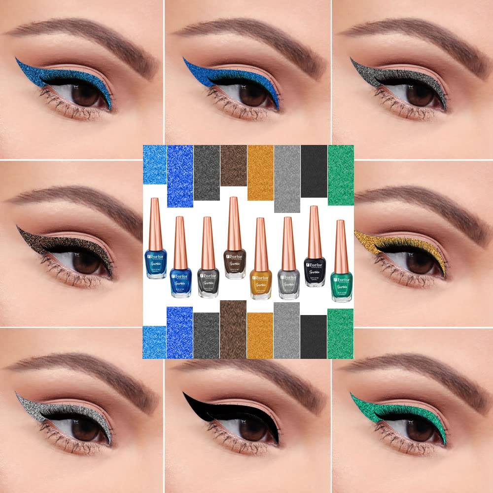 FORFOR Sensational Liquid Glitter Eyeliner - Smudge Proof & Waterproof - 7ml Each (2-Pack, Brown & Royal Blue) - Perfect for Party Makeup, Night Out & Festival Looks