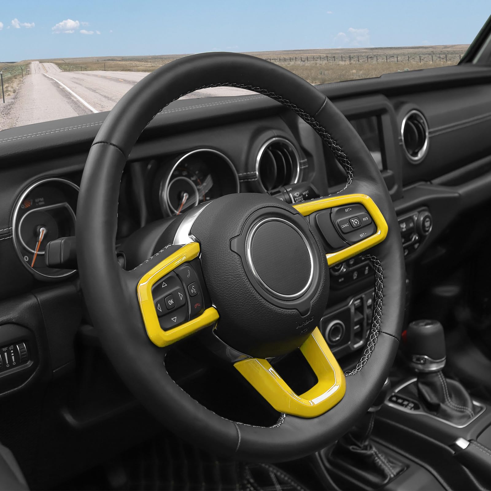 RT-TCZ Yellow Steering Wheel Trim Panel Decal for Jeep Wrangler JL/JLU (2018+) & Gladiator JT (2020+) - 3pc Interior Accessories Kit - Enhance Your Jeep's Yellow Interior Style for Off-Road & Daily Driving