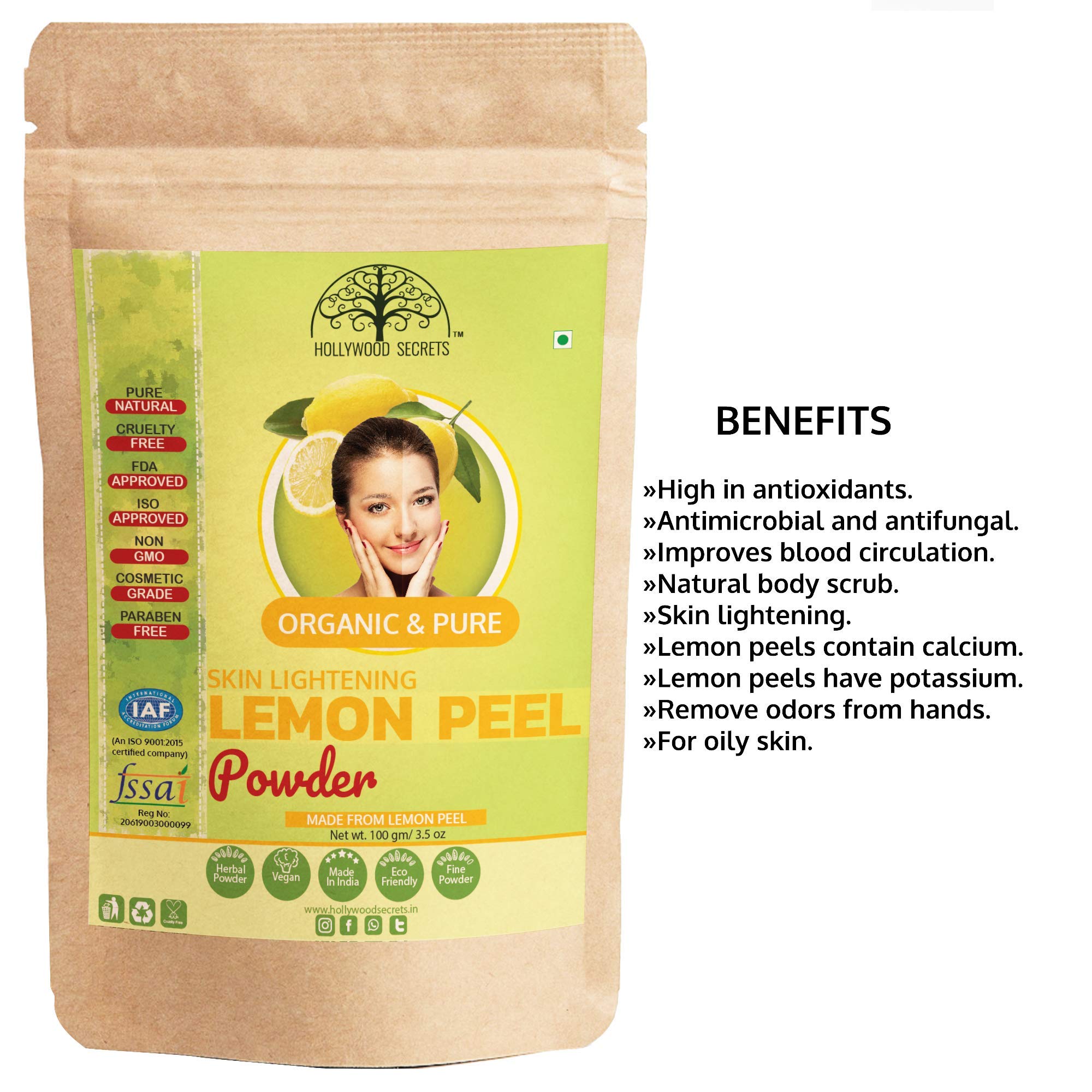 100% Organic Hollywood Secrets Herbal Lemon Peel Powder - Natural Skin Whitening & Brightening Face Mask (100g) | Perfect for Glowing Skin, Dark Spot Reduction & DIY Beauty Treatments