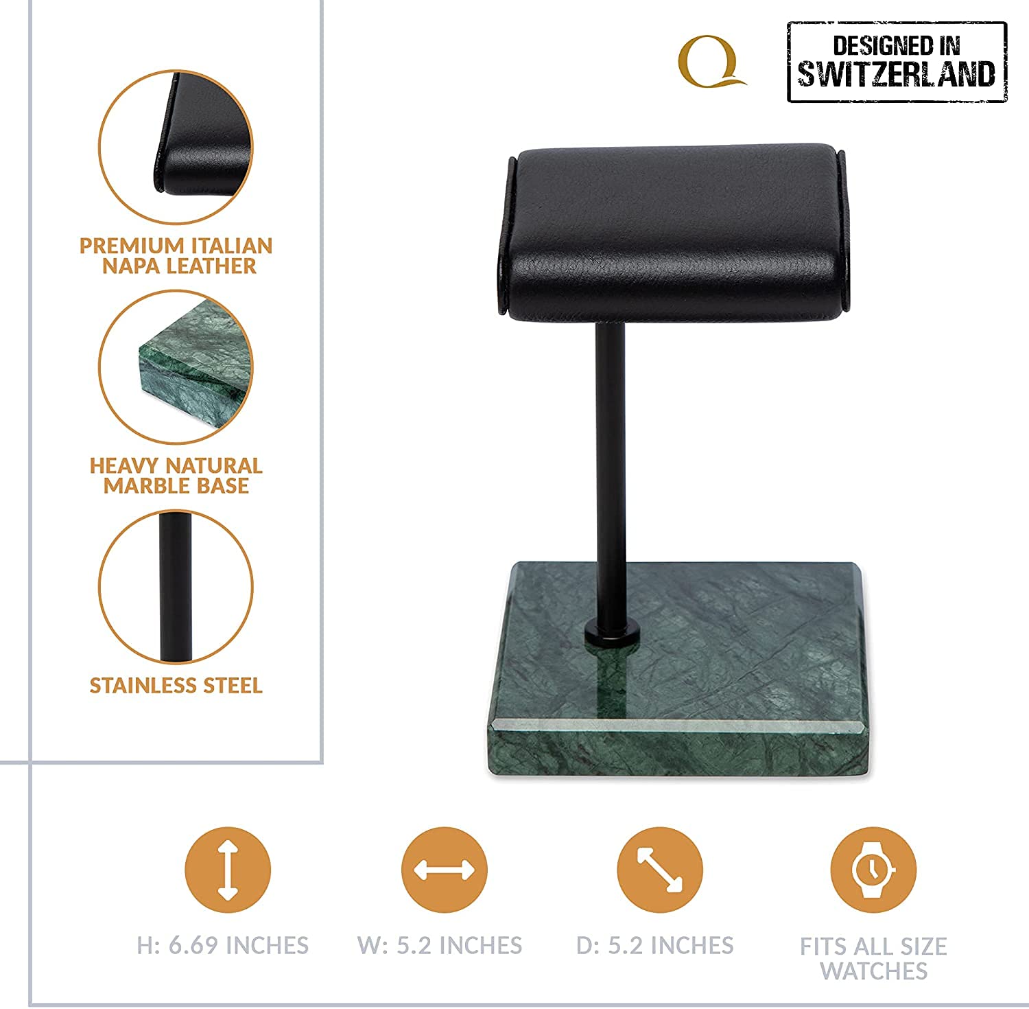 Italian Napa Leather & Natural Marble Watch Stand - Premium Handcrafted Watch Display Holder for Rolex, Omega & Luxury Watches - Jewelry Organizer Accessory (Green/Black) - Perfect for Home Office, Dresser & Watch Collection Display
