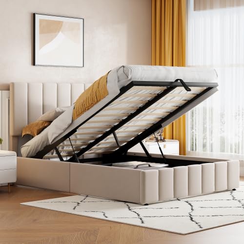 Harper & Bright Designs Full Size Platform Bed with Storage Underneath - Upholstered Bed Frame with Headboard & Hydraulic Storage System, Beige - Perfect for Small Bedrooms, Guest Rooms & Space-Saving Solutions