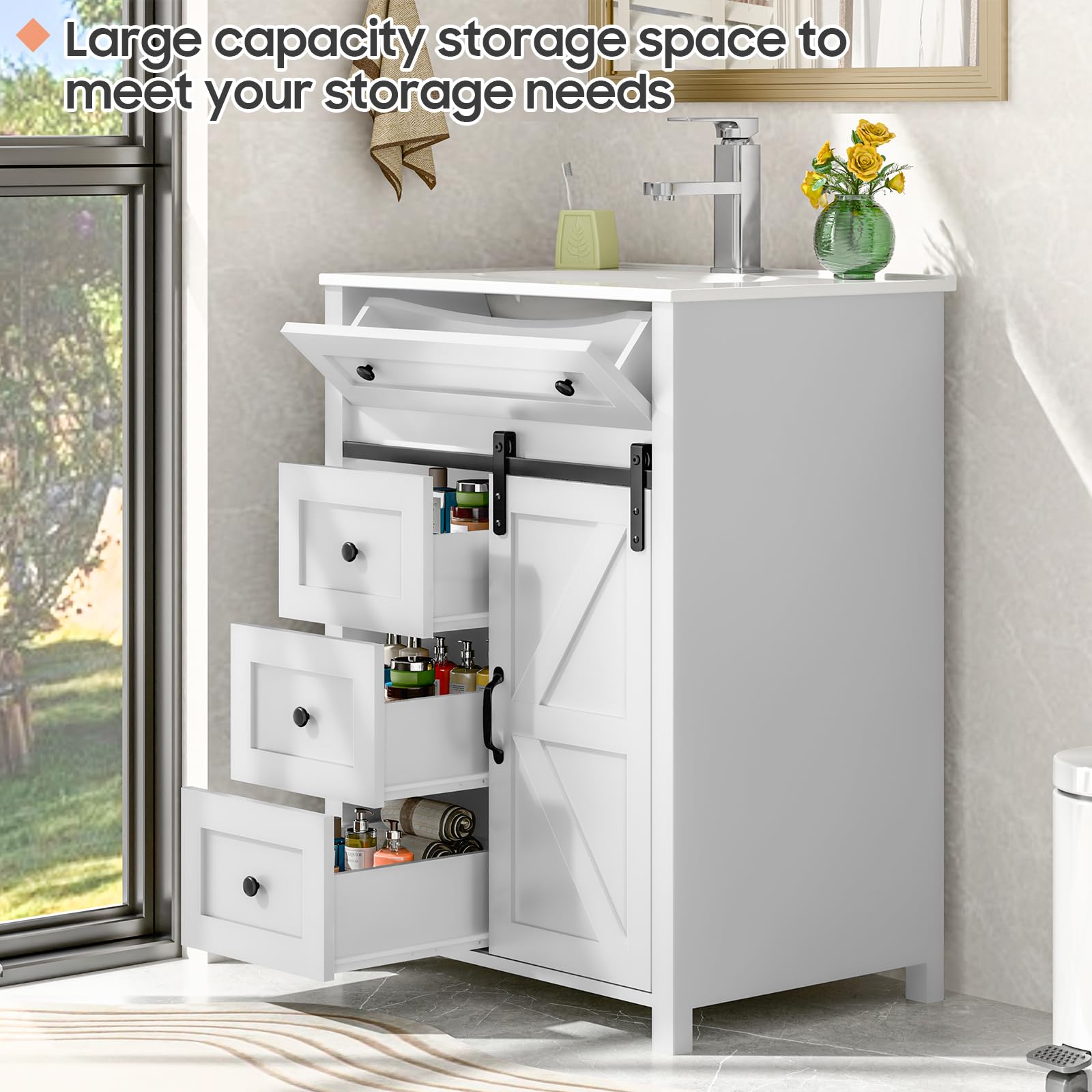 Vabches 48 Inch White Bathroom Vanity with Sink & Matte Silver Faucet - Freestanding Storage Cabinet with 4 Drawers & Sliding Door - Undermount Ceramic Sink for Modern Bathroom Remodel (Perfect for Master Bath, Guest Bath & Small Space Solutions)