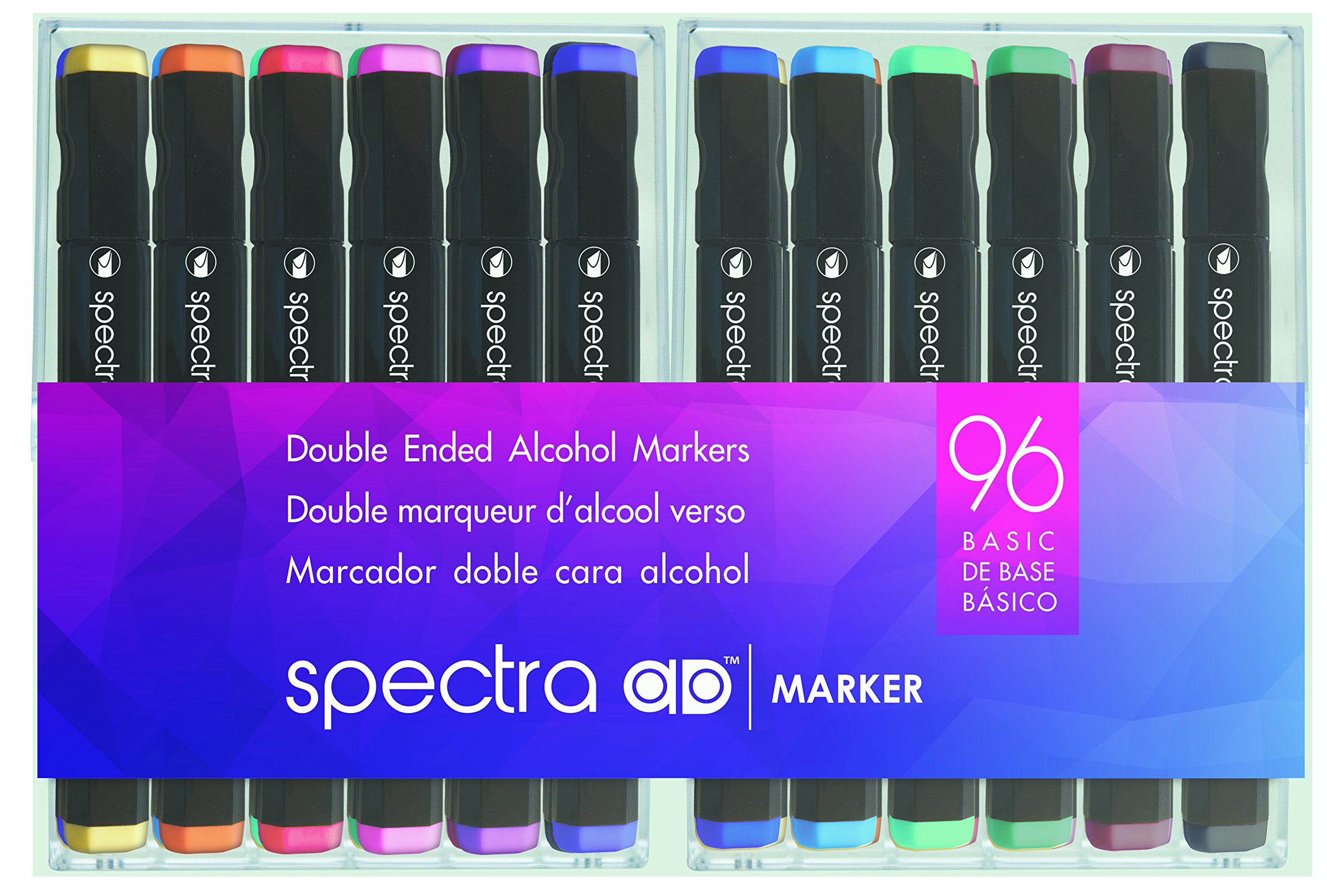 Chartpak AD Marker Spectra Tri-Nib & Brush Dual-Tip Set - 96 Assorted Basic Colors in Hard Plastic Case (SBASIC96AD) | Perfect for Graphic Design, Illustration & Calligraphy Projects