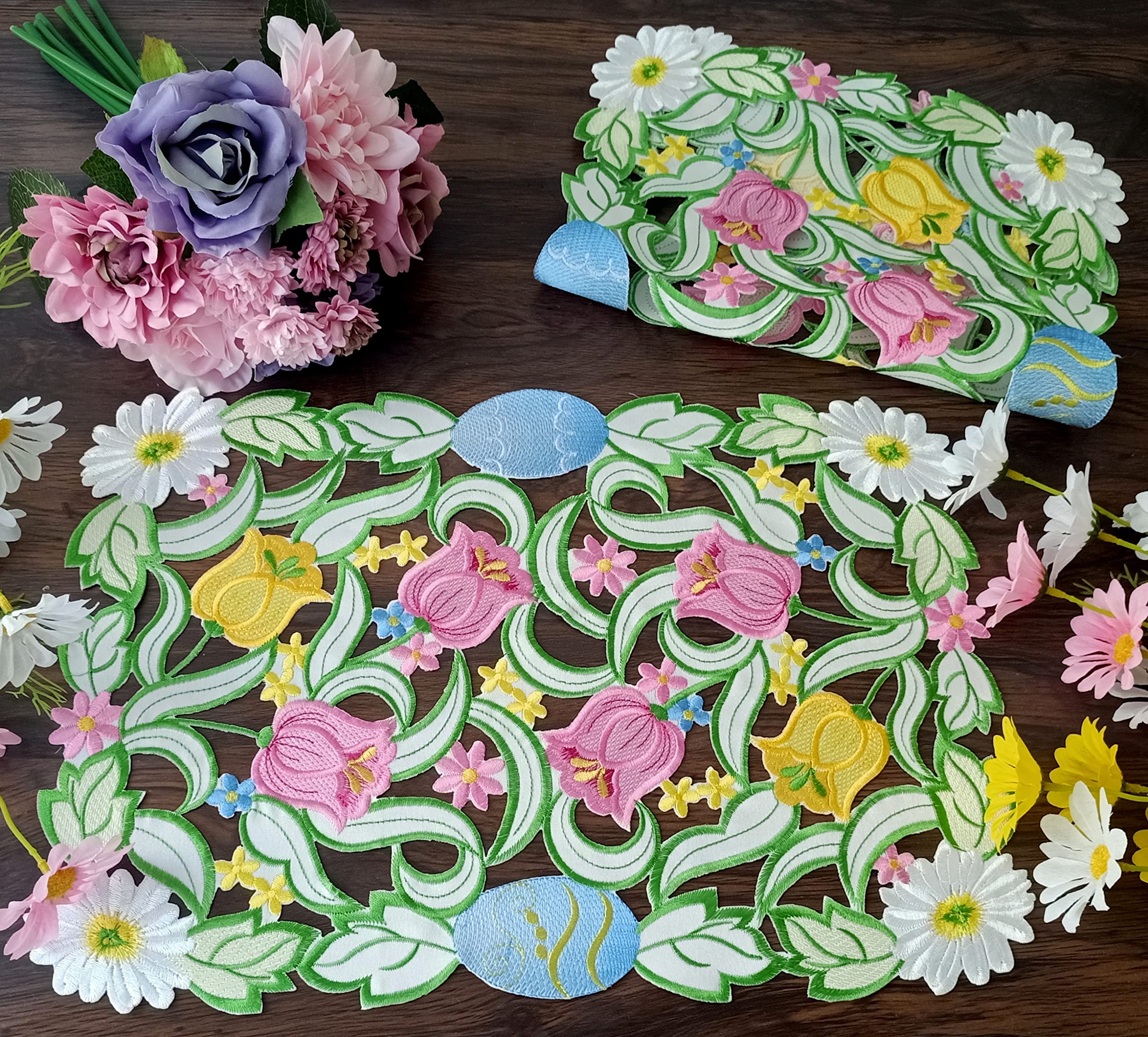 Easter Placemat Set of 2 - 13x18 Inch Spring Bunny Egg Floral Embroidered Table Mats for Kitchen Dining Decor | Perfect for Easter Brunch, Holiday Table Setting & Spring Home Decoration