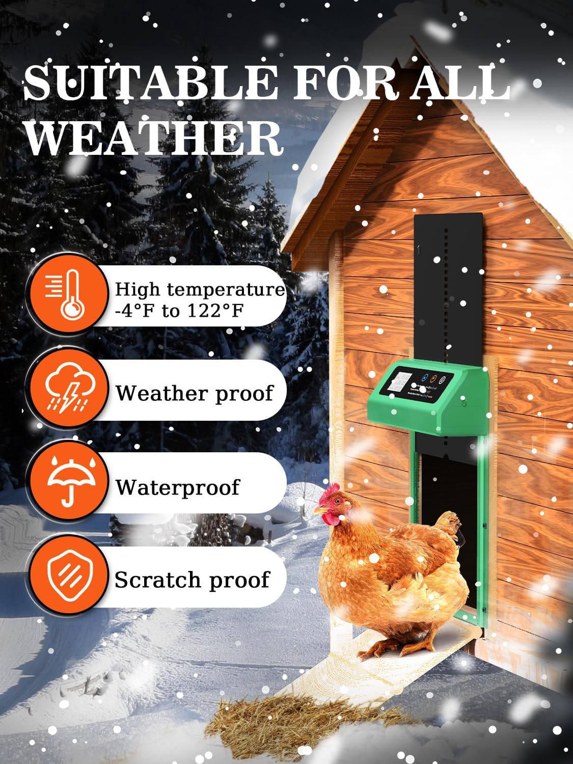 Automatic Chicken Coop Door with Timer & LCD Display - Aluminum Poultry Door with Anti-Pinch Safety Feature (Green) | Perfect for Backyard Chicken Coops, Poultry Farms & DIY Chicken Runs