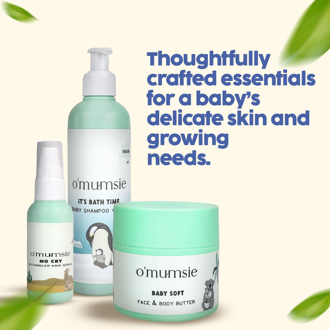 O'mumsie Baby Care Gift Set - Detangling Hair Serum (50ml), Nourishing Face & Body Butter (100g), Gentle Baby Wash & Shampoo (250ml) | Complete Newborn Skincare Kit in Beautiful Gift Box | Perfect for Baby Showers, Christenings & Daily Care Routines