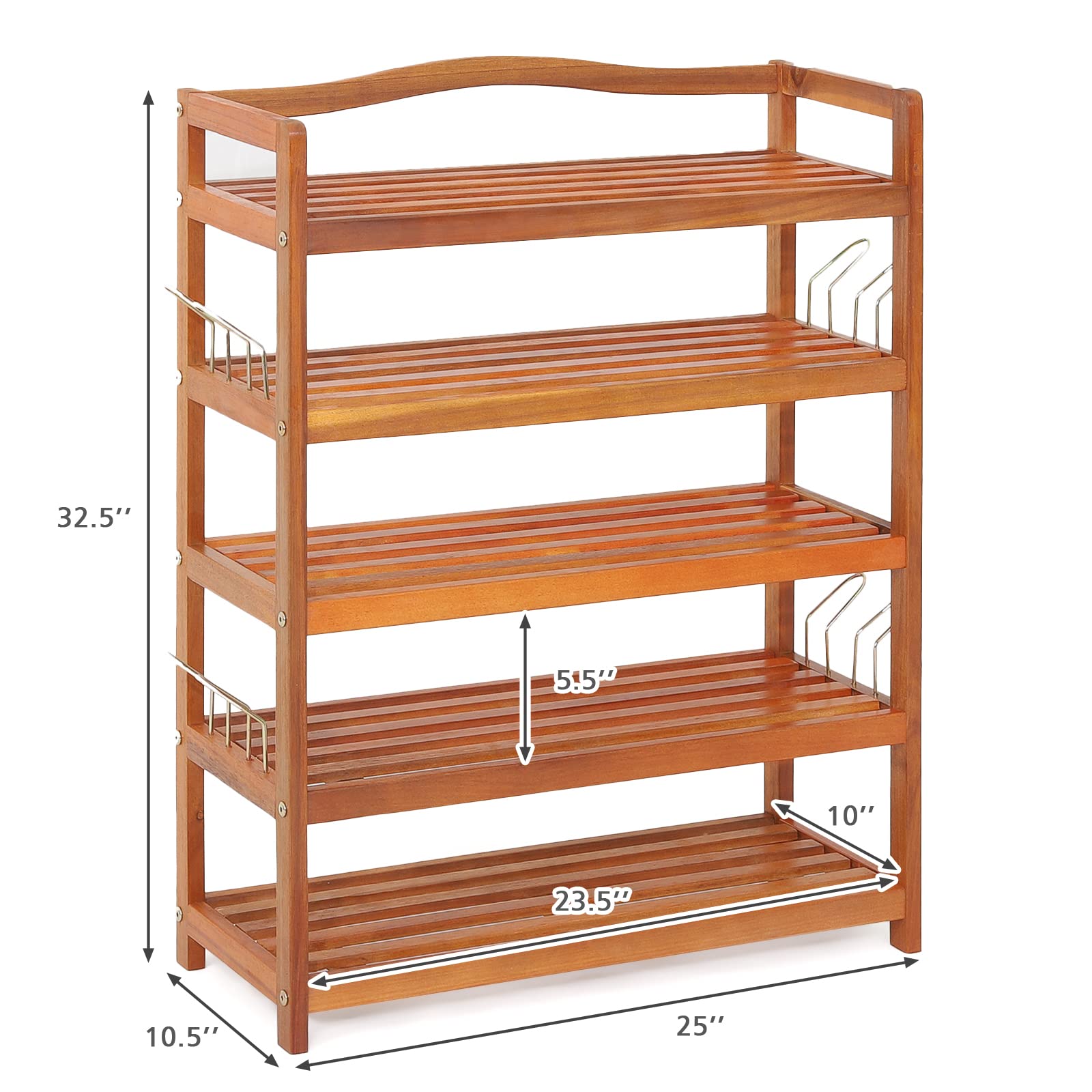 Giantex 5-Tier Acacia Wood Shoe Rack with Metal Hooks - Holds 12-18 Pairs of Shoes - Sturdy Shoe Organizer & Storage Shelf for Entryway, Hallway or Closet (25