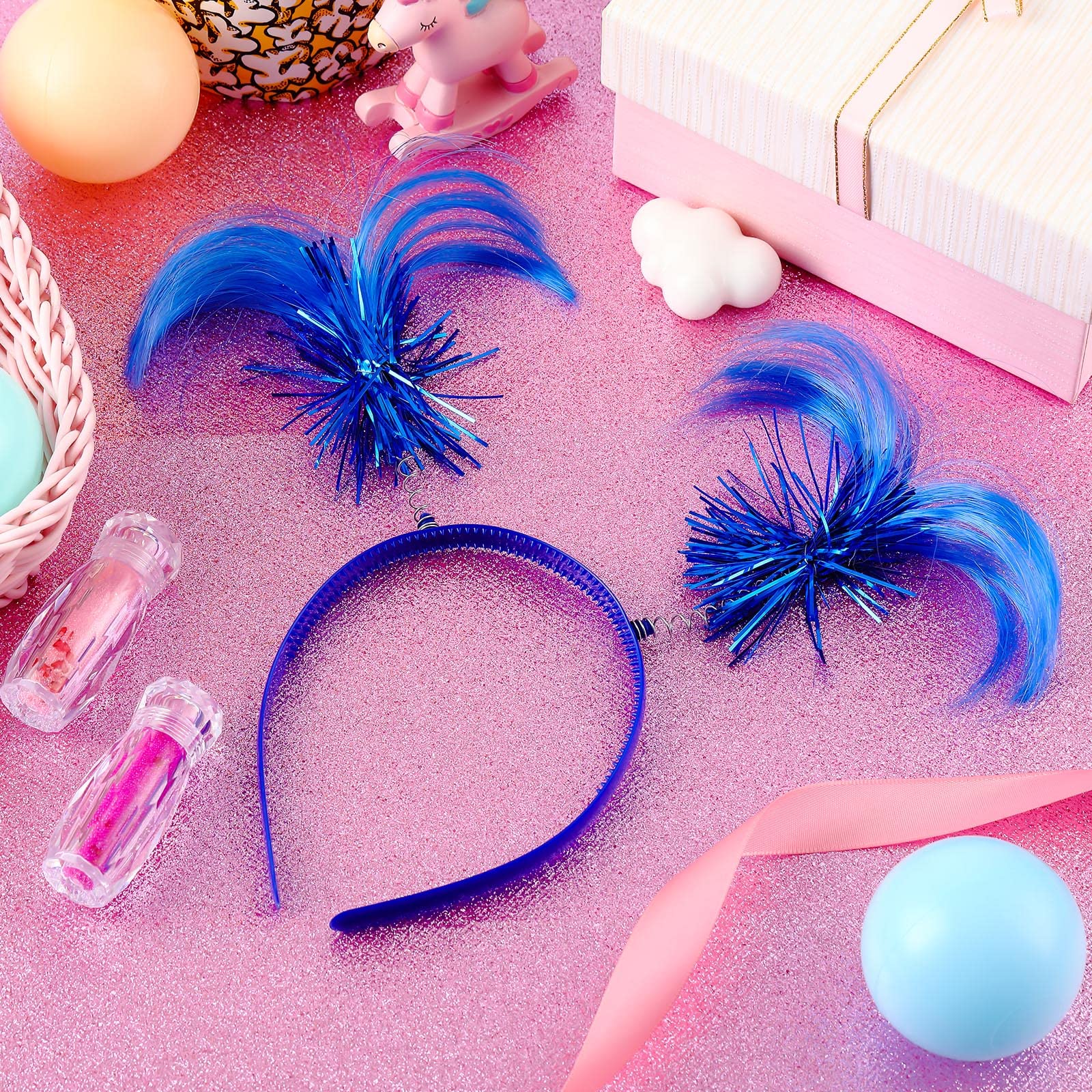 24 Pack Glitter Feather Hair Clips - Colorful Tinsel Wrapped Ponytail Headbands for Women & Girls, Perfect for Halloween Costumes, Christmas Parties, Birthday Celebrations and Festival Events