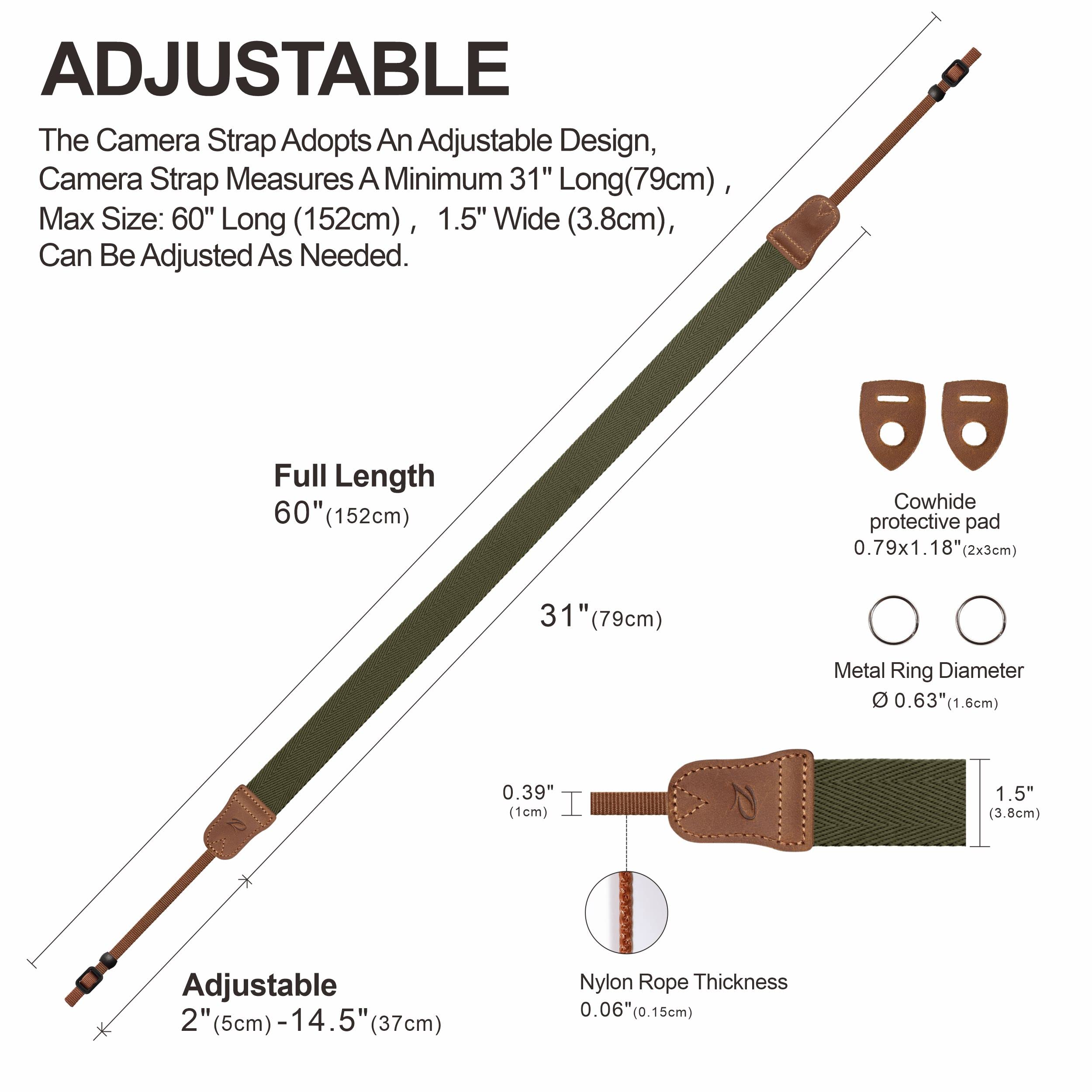 Premium Olive Green Camera Strap - Double Layer Top-Grain Cowhide Ends & 1.5