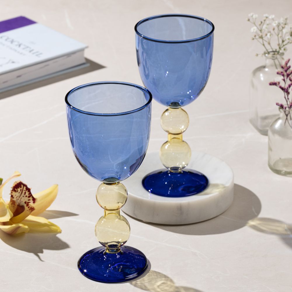 Cielo Porcelain Blue & Yellow Balloon Glass Set of 2 - Elegant Drinkware for Parties, Weddings & Home Decor