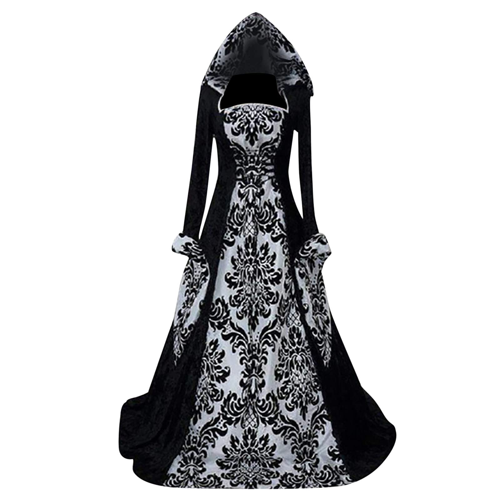 Medieval Dress for Women - Renaissance Costume Gothic Vintage Cosplay Long Sleeve Hooded Floral Print Maxi Dress | Perfect for Halloween, LARP, Renaissance Fairs & Themed Parties