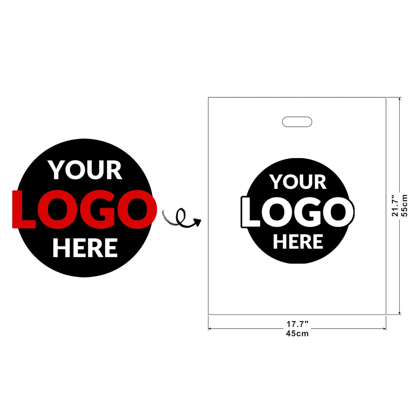Custom Plastic Bags with Logo - 100 Pack 2.36Mil Personalized Shopping Bags with Die-Cut Handles | Glossy Gift Bags for Small Business, Boutique & Retail | Perfect for Trade Shows, Events, Parties & Brand Promotion (18x22 Inches)