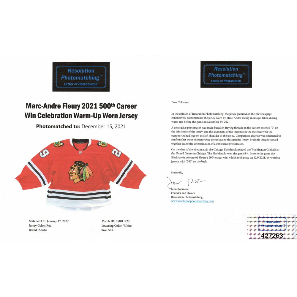 Authentic Marc Andre Fleury Game-Worn 500 Career Wins Chicago Blackhawks Jersey - Photomatched & Team COA Signed - Perfect for Hockey Memorabilia Collectors and NHL Fans Display