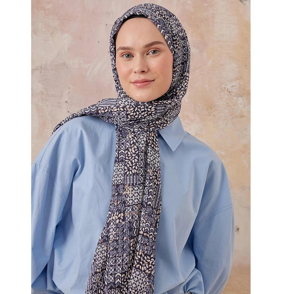 Abstract Crinkle Cotton Hijab Shawl - Soft & Breathable Blue Scarf for Women | Perfect for Daily Wear, Prayer, and Modest Fashion