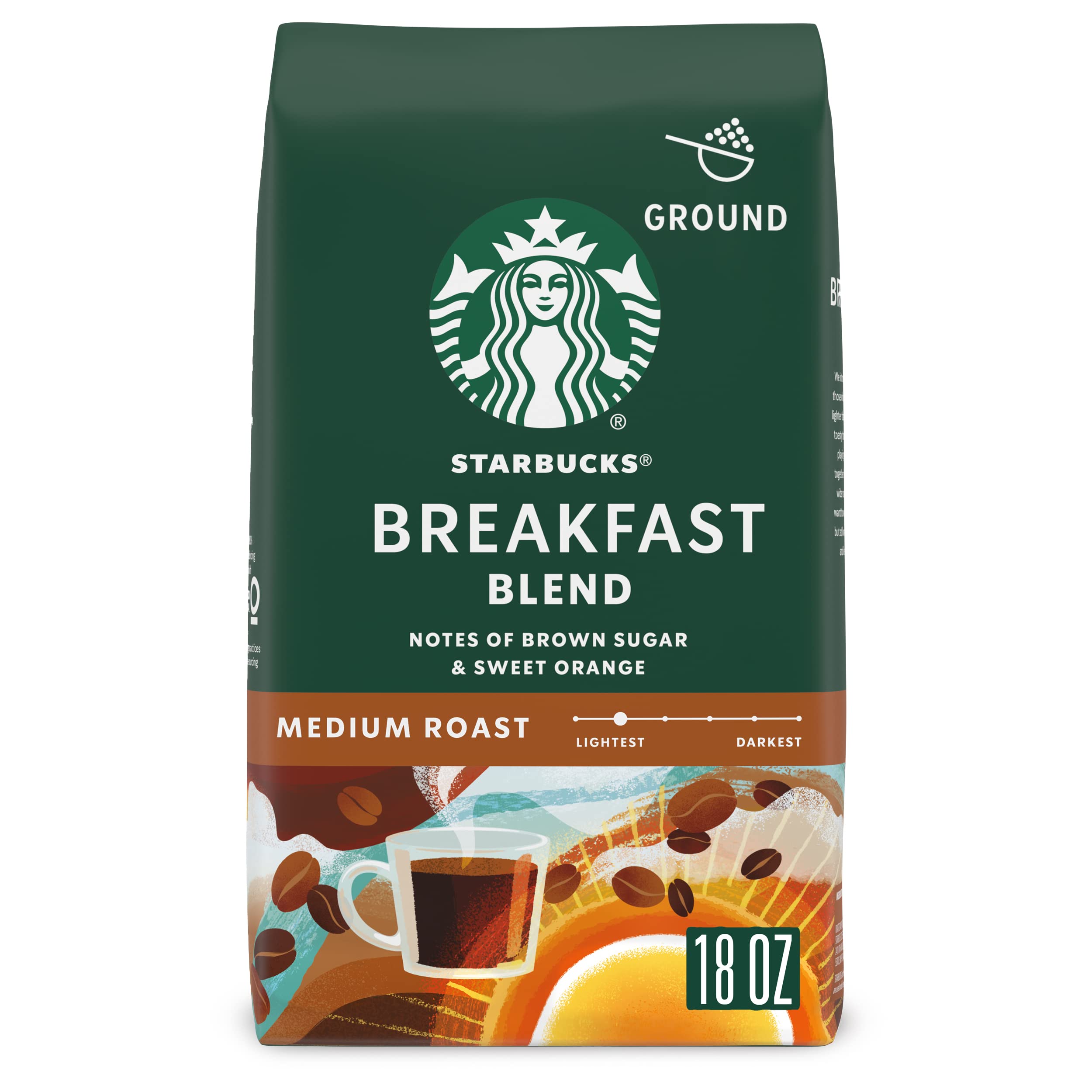 Starbucks Ground Coffee - Medium Roast Breakfast Blend, 100% Arabica Beans, 18 oz Bag | Perfect for Morning Brew, Office Coffee Break & Home Cafes