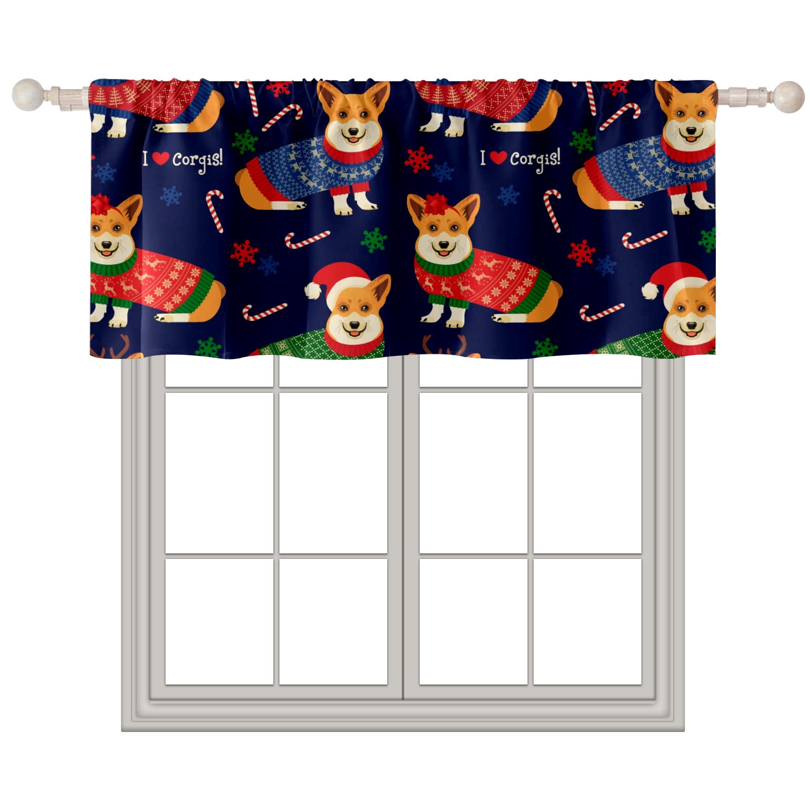 Corgi Pattern Window Valances 24x52 Inch - Rod Pocket Curtain Valances for Living Room, Kitchen & Bedroom - Short Window Treatments & Toppers for Christmas Decor