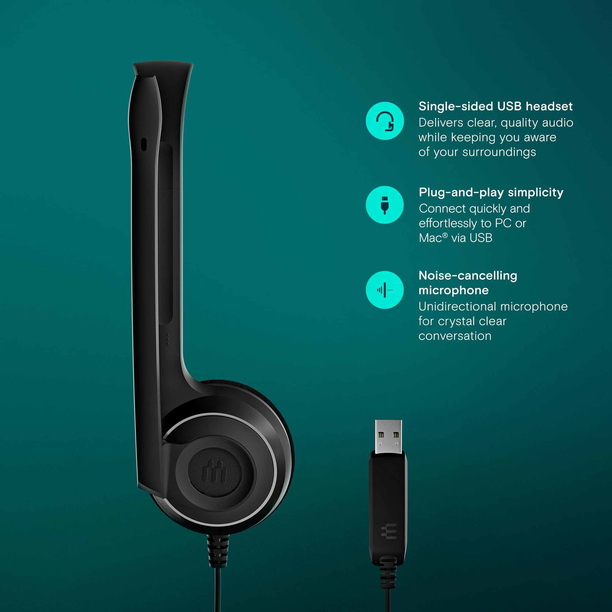 Sennheiser PC 7 USB Mono Headset for PC & Mac - Professional Noise-Canceling Microphone, Lightweight Design, Plug & Play (Black) - Ideal for Home Office, Online Meetings, Gaming & Call Centers