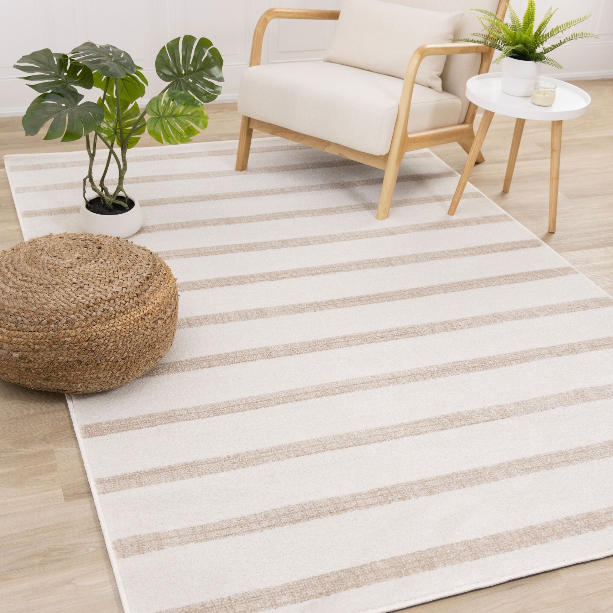 Beachwood Stripes 6'7 x 9'10 Striped Area Rug in Cream - Soft Living Room Carpet for Bedroom Decor, Cozy Home Accent Rug