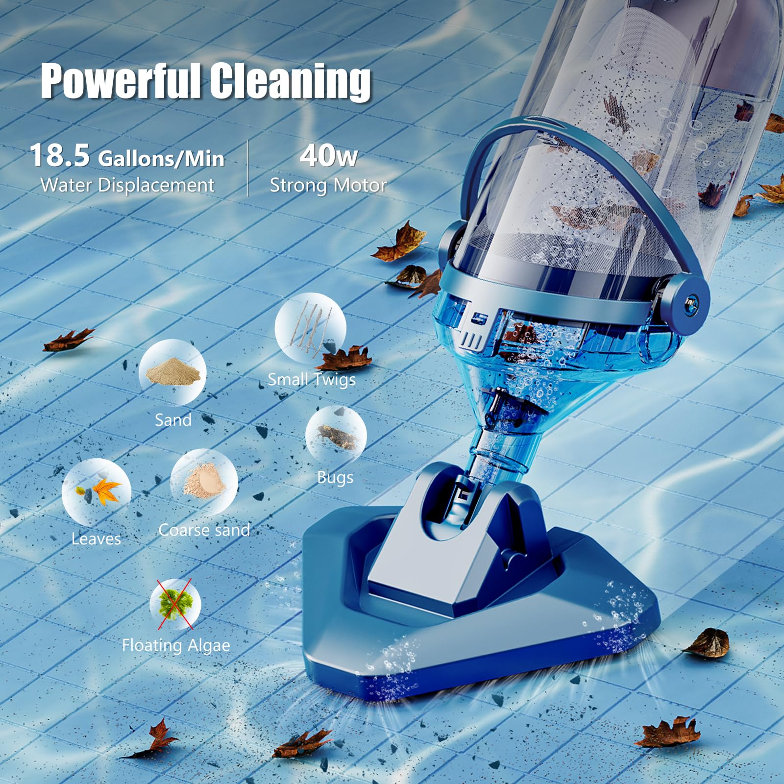 **T403 Rechargeable Handheld Pool Vacuum Cleaner for Above Ground Pools - 18.5 GPM Powerful Suction, 1H Runtime, Telescopic Pole - Ideal for Leaves, Debris, Sand - Perfect for Quick Pool Cleaning & Maintenance**