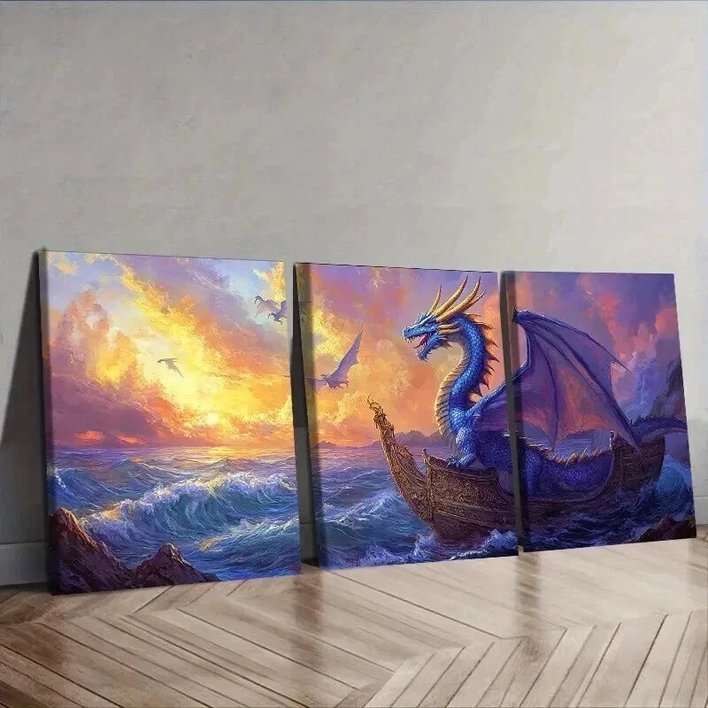 3-Piece Blue Dragon on Boat Wall Art Set - Framed Canvas 50x70cm - High Quality Print - 100% Australian Made - Ready to Hang - Perfect for Living Room, Bedroom or Office Decor