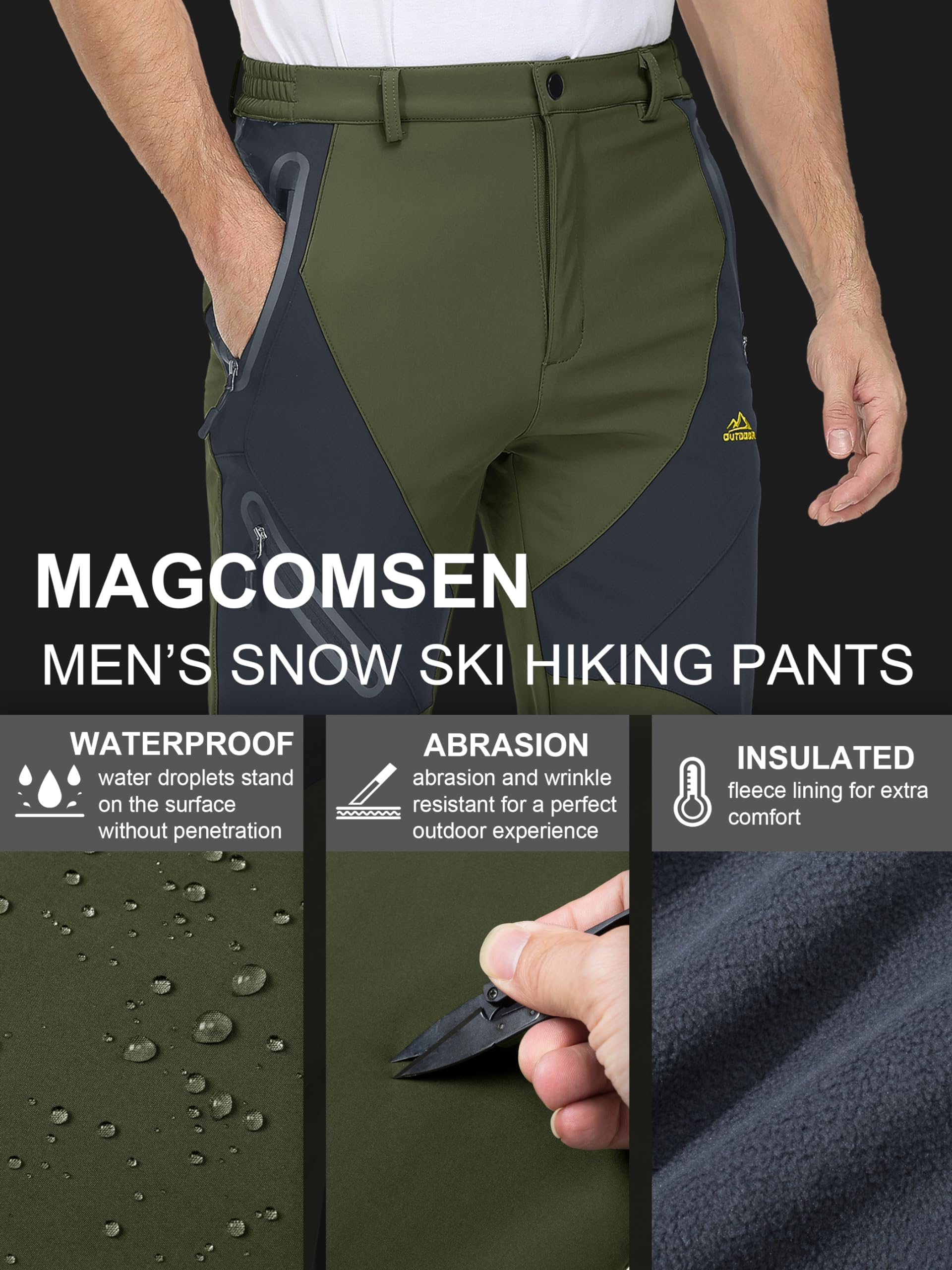 **MAGCOMSEN Men's Winter Snow Pants - Fleece Lined, Water Resistant, 4 Zip Pockets - Warm Skiing & Snowboarding Pants for Outdoor Activities**