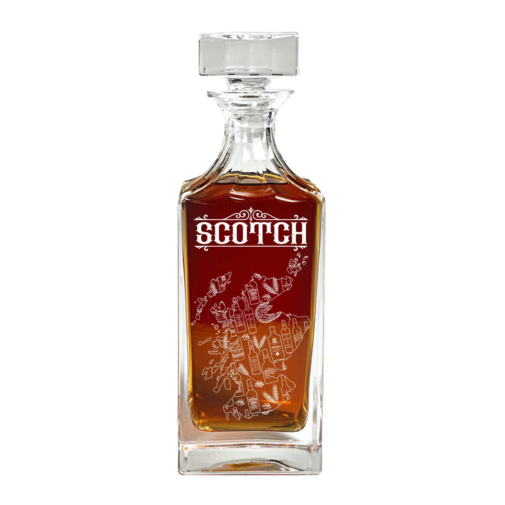 Premium Scotch Whisky Decanter with Scotland Map Design - Elegant Glass Bottle for Bourbon, Whiskey & Scotch Enthusiasts - Unique Barware Gift for Men - Perfect for Home Bars, Whiskey Tasting & Special Occasions