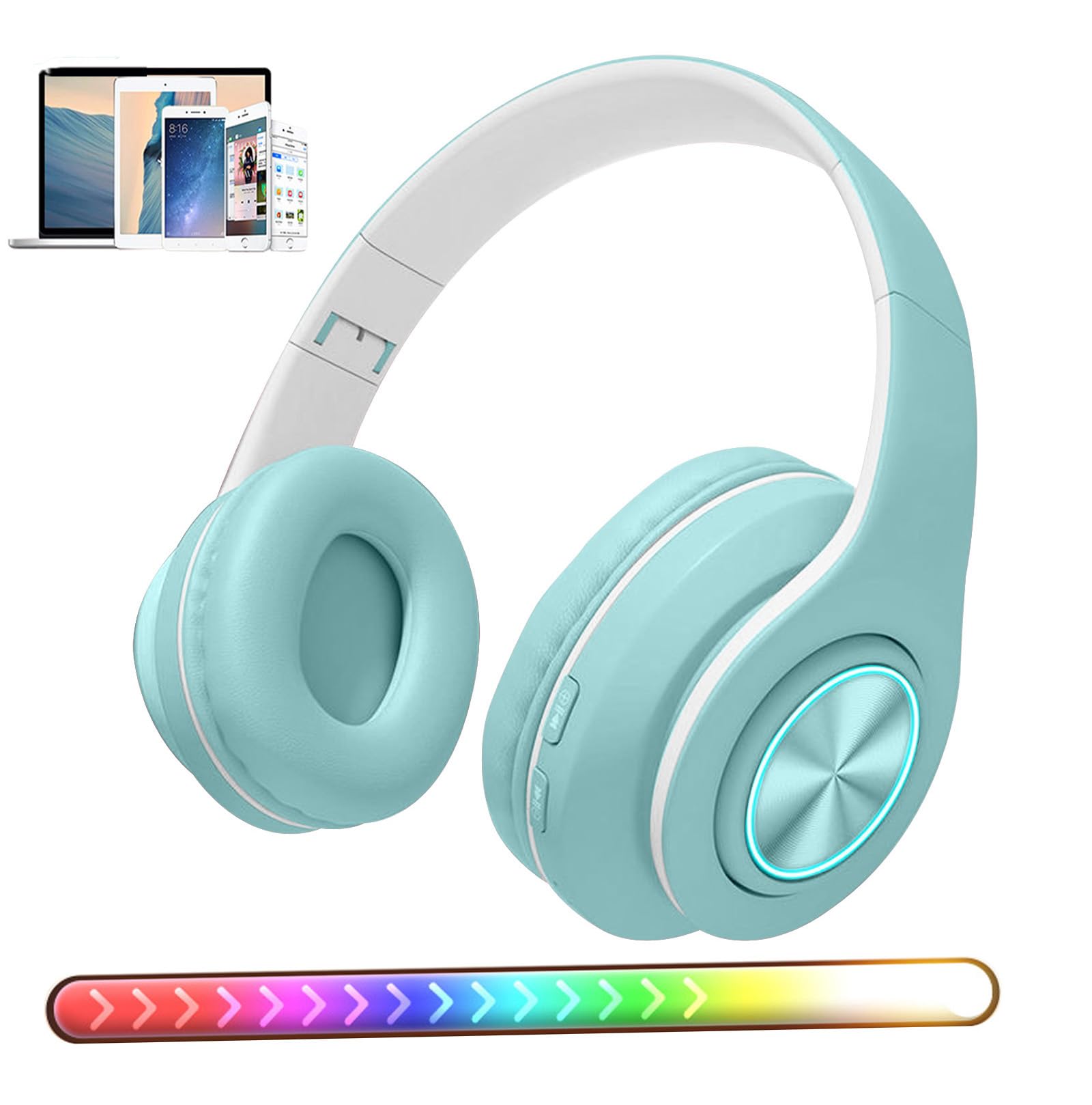 Wireless Bluetooth Over-Ear Headphones with Colorful LED Lights, Hi-Fi Stereo Sound, Built-in Mic, Foldable Design - for Home Office, Gaming, Travel & Music (Blue) - Compatible with PC, Mobile & Classroom Use