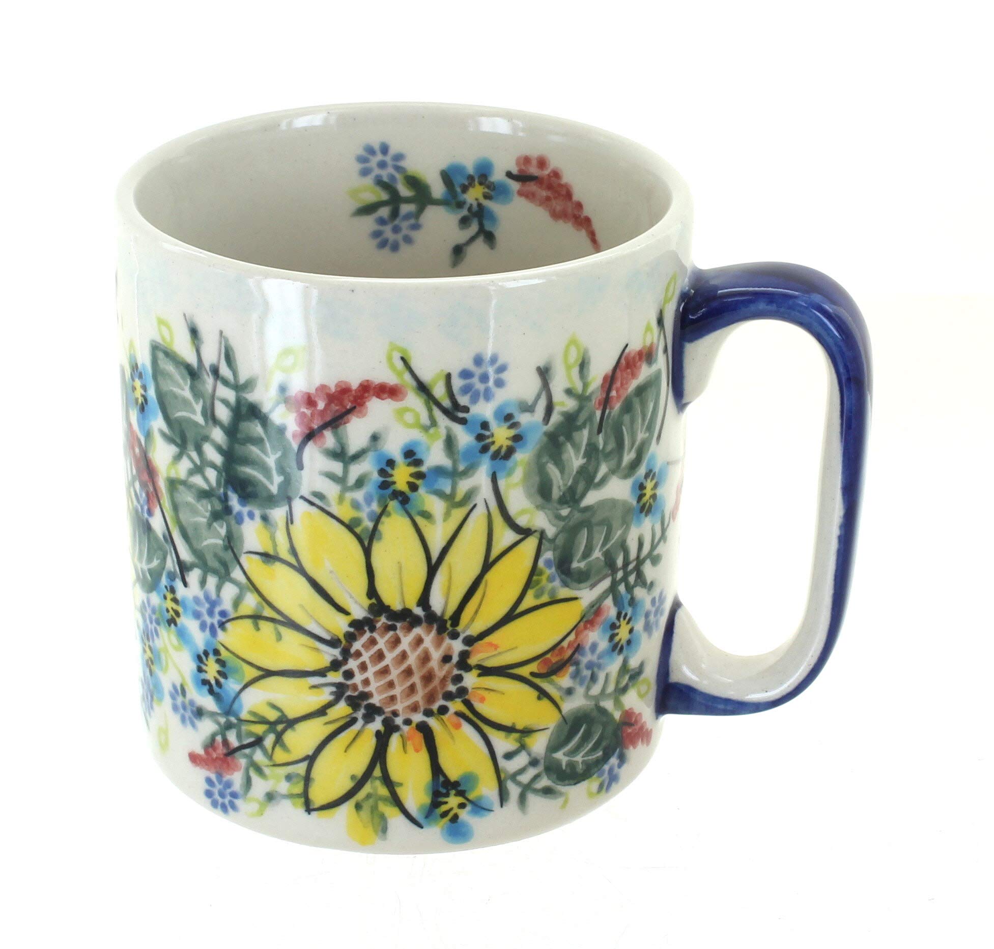 Handmade Blue Rose Polish Pottery Sunflower Maze Coffee Mug - 12oz Ceramic Tea Cup with Handle, Perfect for Home, Office & Gifts