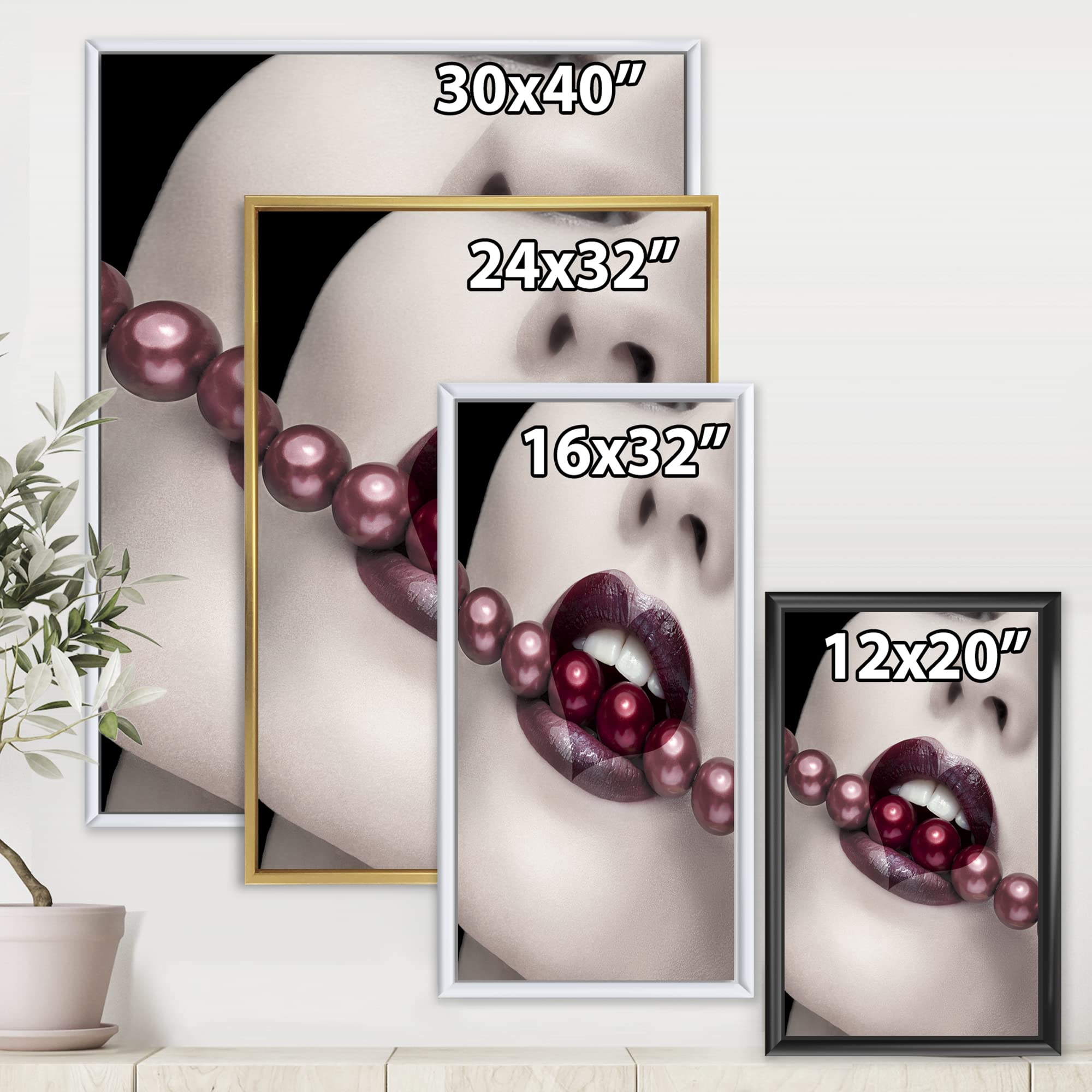 Heart Shape Lips With Pearls Through Mouth - Modern Framed Canvas Wall Art Print for Living Room, Bedroom & Office Decor