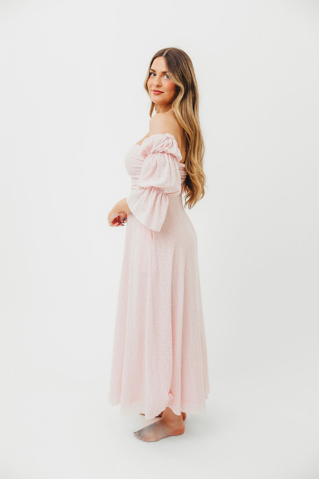 Corrine Tiered Sleeve Maxi Dress with Pockets - Baby Pink Maternity Dress | Bump Friendly & Comfortable for Pregnancy, Nursing, Special Occasions & Summer Weddings
