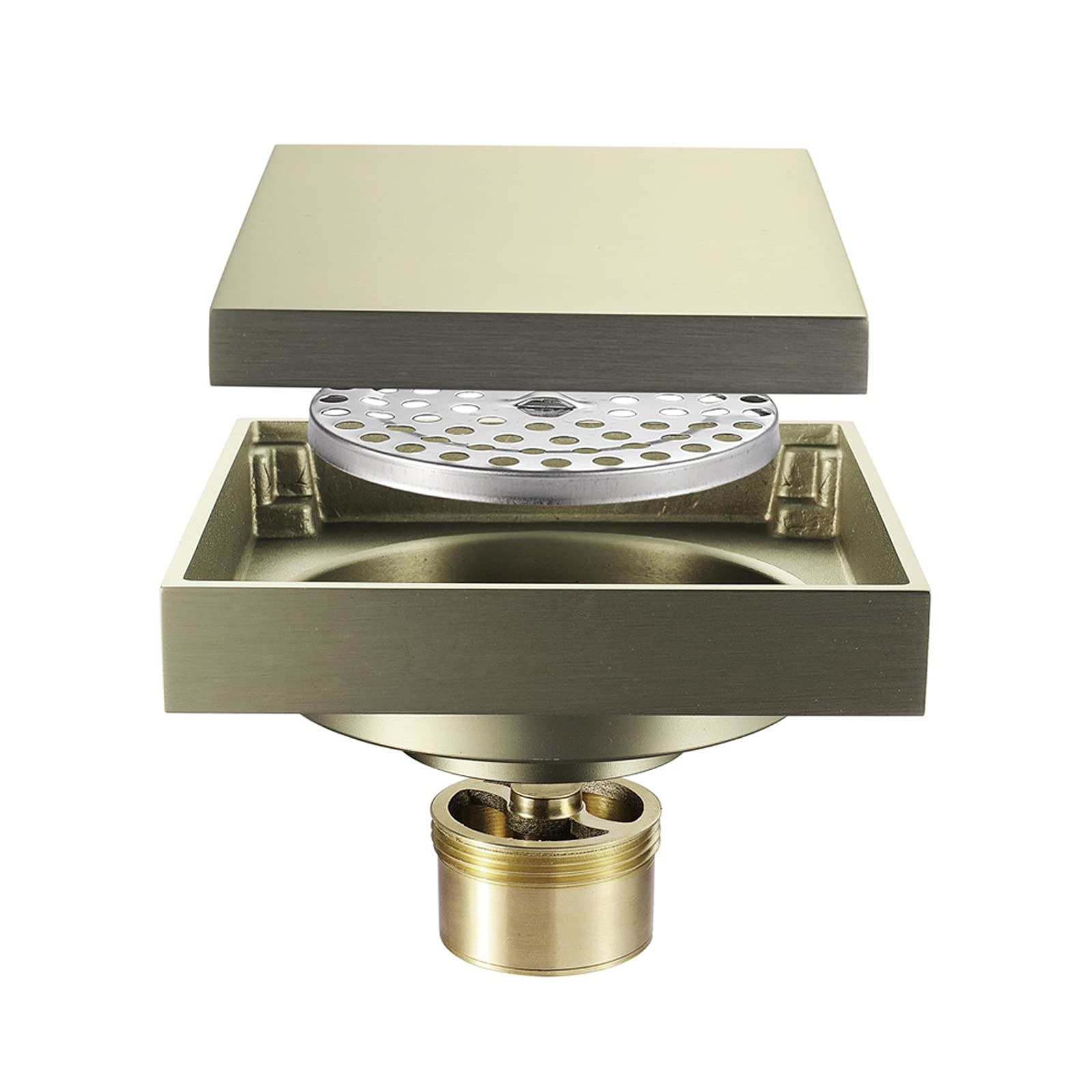 4 Inch Square Shower Drain Brushed Gold - Brass Floor Drain with Tile Insert Grate & Deodorant Core - Bathroom Shower Waste Drain for Modern Tile Showers and Wet Rooms