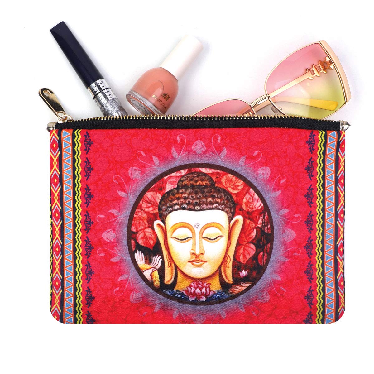 Boriya Women's Printed Canvas Cosmetic Bag with Zipper - Buddha Print Blue | Travel Makeup Pouch | Multi-Purpose Organizer for Toiletries, Jewelry & Accessories | Perfect for Travel, Gym & Daily Use