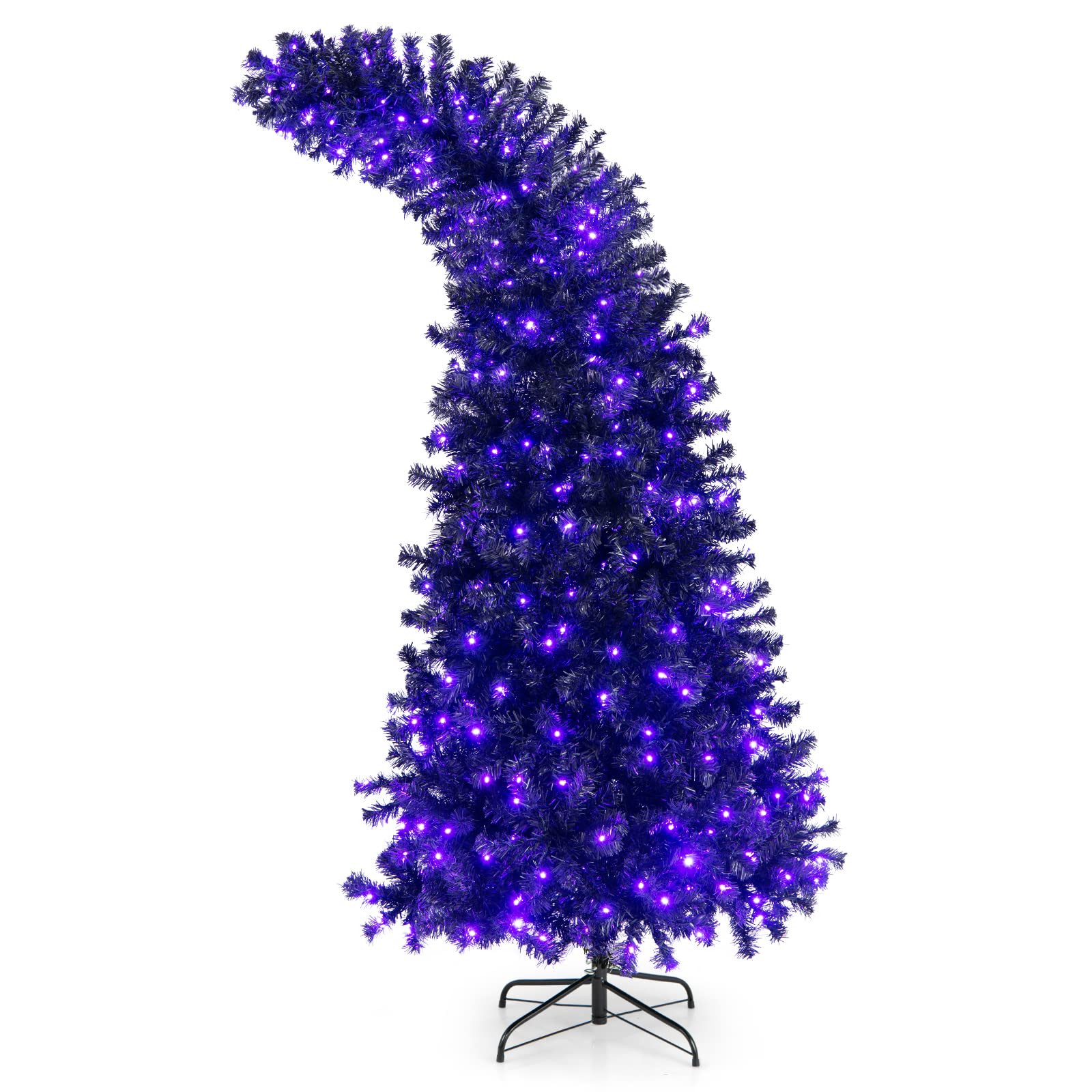 Goplus 7ft Pre-lit Black Halloween Christmas Tree with 1050 Tips & 400 Purple Orange LED Lights - 8 Lighting Modes, Hinged Artificial Tree with Metal Stand - Perfect for Spooky Holiday Decorations, Halloween Parties & Christmas Festivals