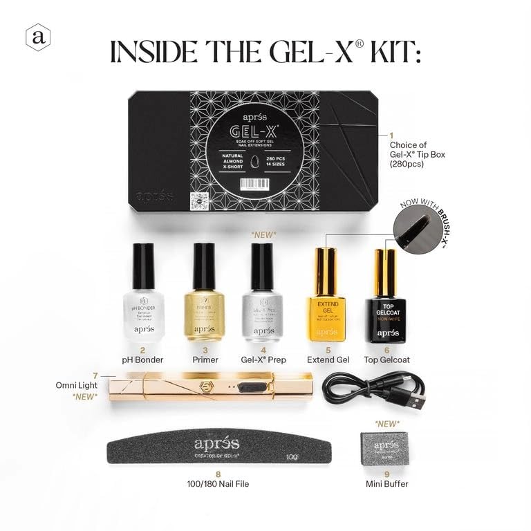 Apres Gel-X Nail Extension Kit - Professional Starter Set with 14 Sizes (00-9) & Half Sizes, Soft Gel Tips for Natural Almond Short Nails - 2025 Edition - Perfect for Salon, Home Manicures & Special Occasions