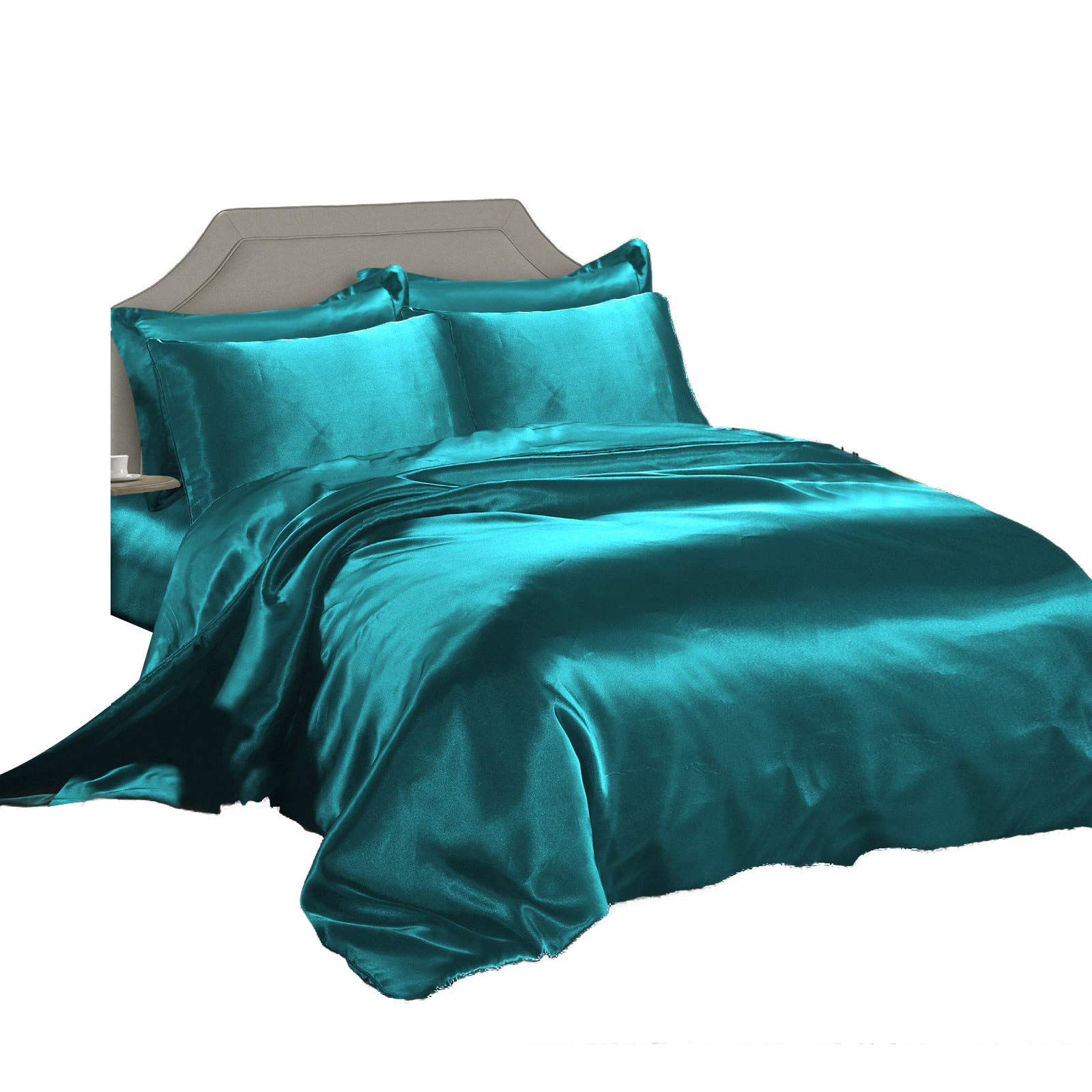 Luxury 100% Pure Silk Satin Bedding Set - Queen Size Teal Duvet Cover, Fitted Sheet (15