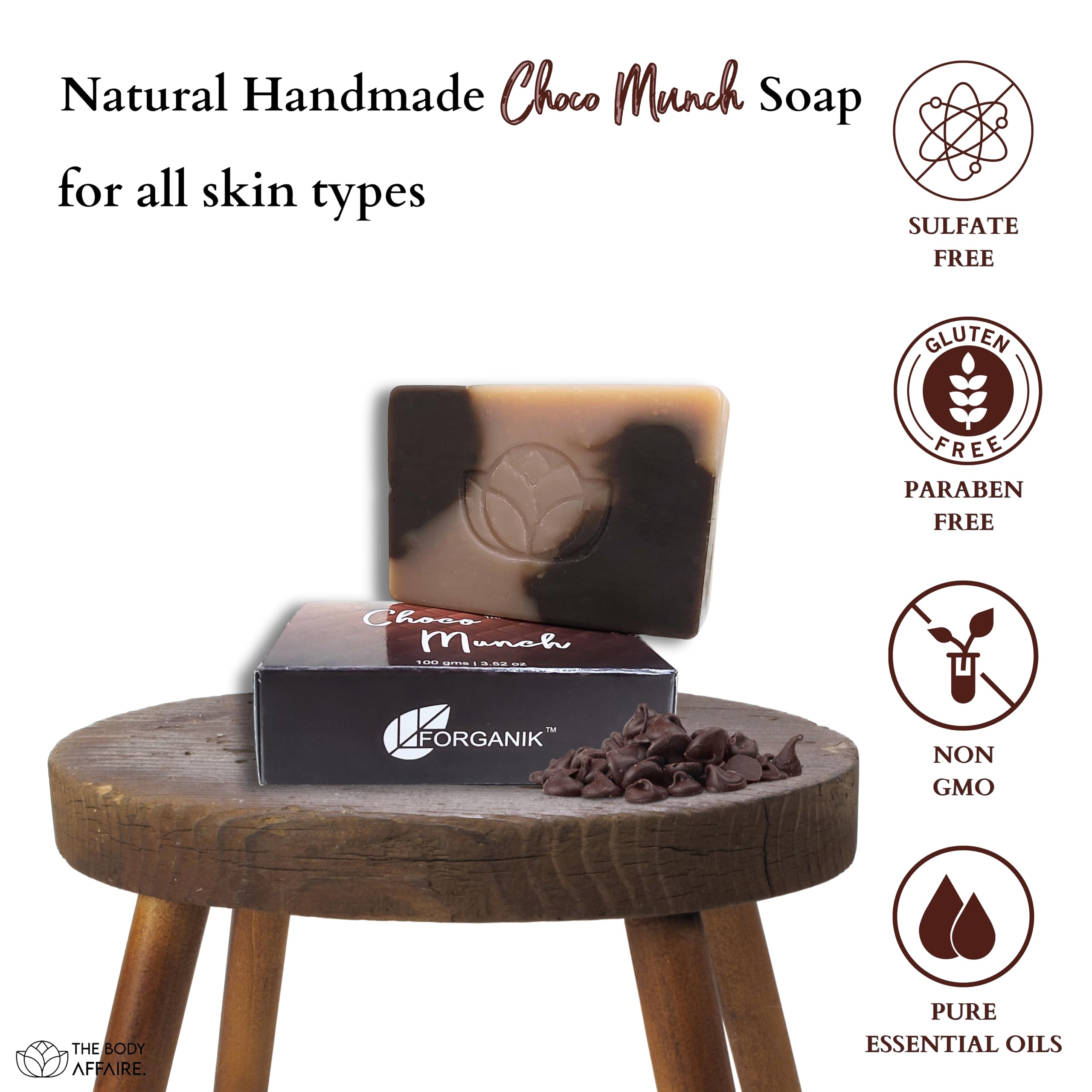 FORGANIK Handmade Soap by The Body Affaire - 100g Organic Chocolate Scented Soap Bar for Moisturizing & Exfoliating | Perfect for Dry Skin Care, Spa Day & Gift Giving