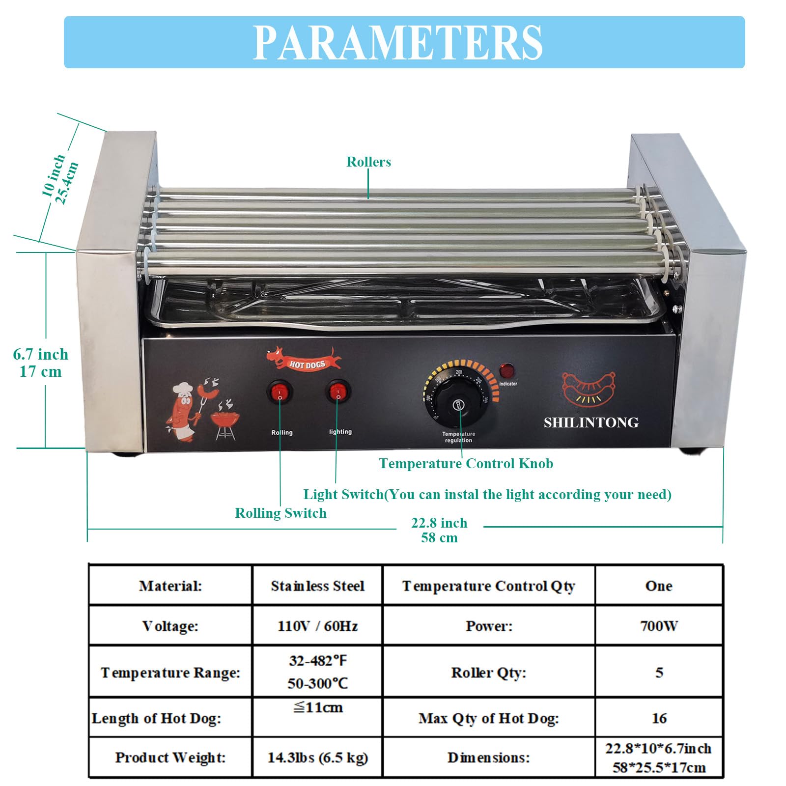 Commercial & Home Electric Hot Dog Roller Machine - 5 Stainless Steel Hot Dog Cookers - No Cover Silver - Perfect for Restaurants, Carnivals, Food Trucks and Family BBQs