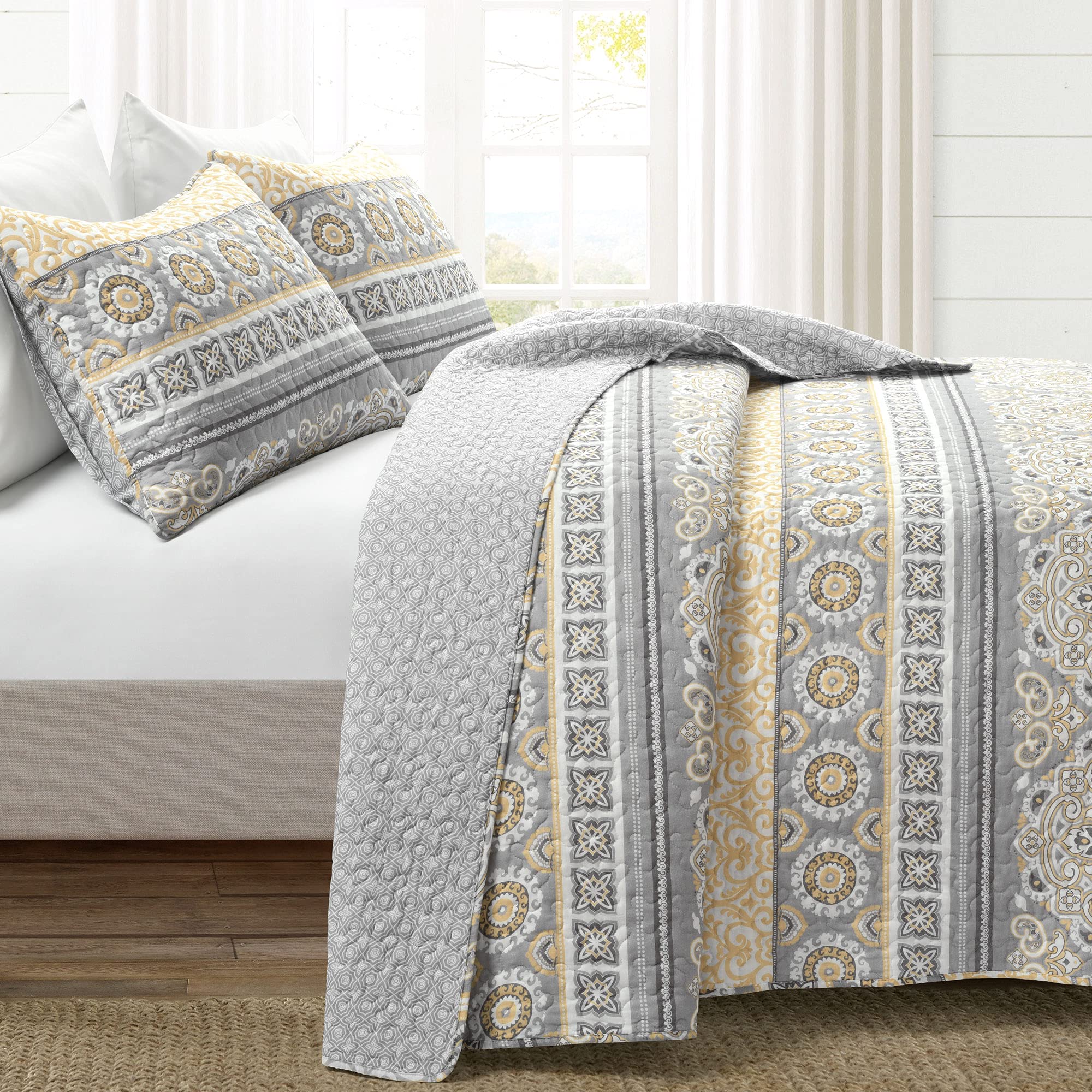 Lush Decor Nesco Reversible Quilt Set - King, Yellow & Gray for Cozy Bedroom