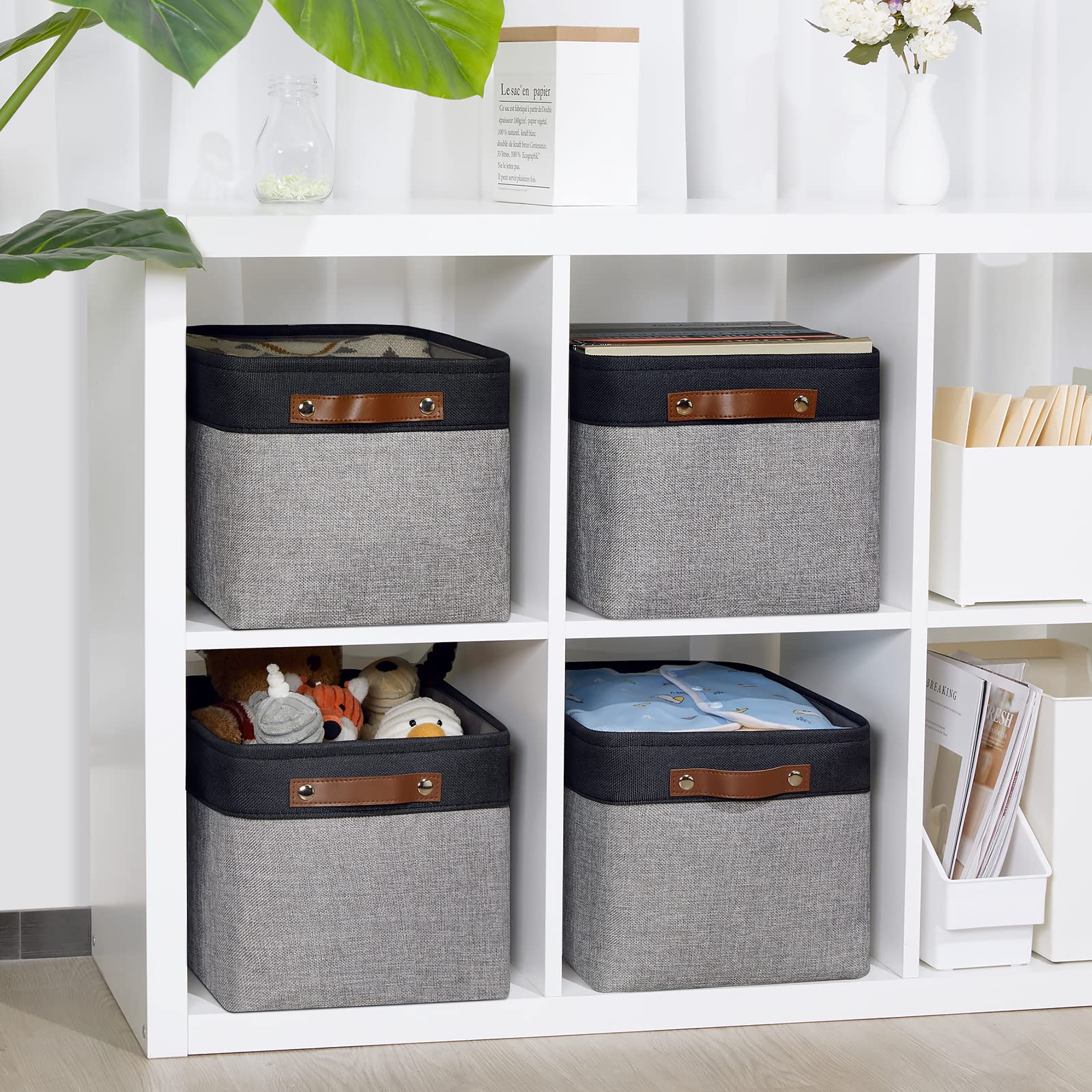 DULLEMELO Canvas Storage Bins with Handles - 4-Pack Fabric Organizer Baskets for Shelves, Bedroom, Office & Nursery - 15