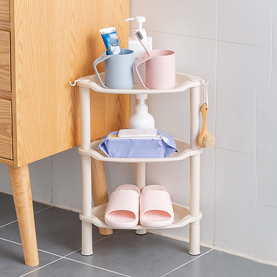 3-Tier Plastic Bathroom Shelf Stand with Hooks - Space Saving Corner Storage Rack for Shower, Kitchen & Bathroom Organization - Multipurpose Holder for Toiletries, Sponges & Cleaning Supplies (White) - Perfect for Small Bathrooms, Apartments & Dorm Rooms