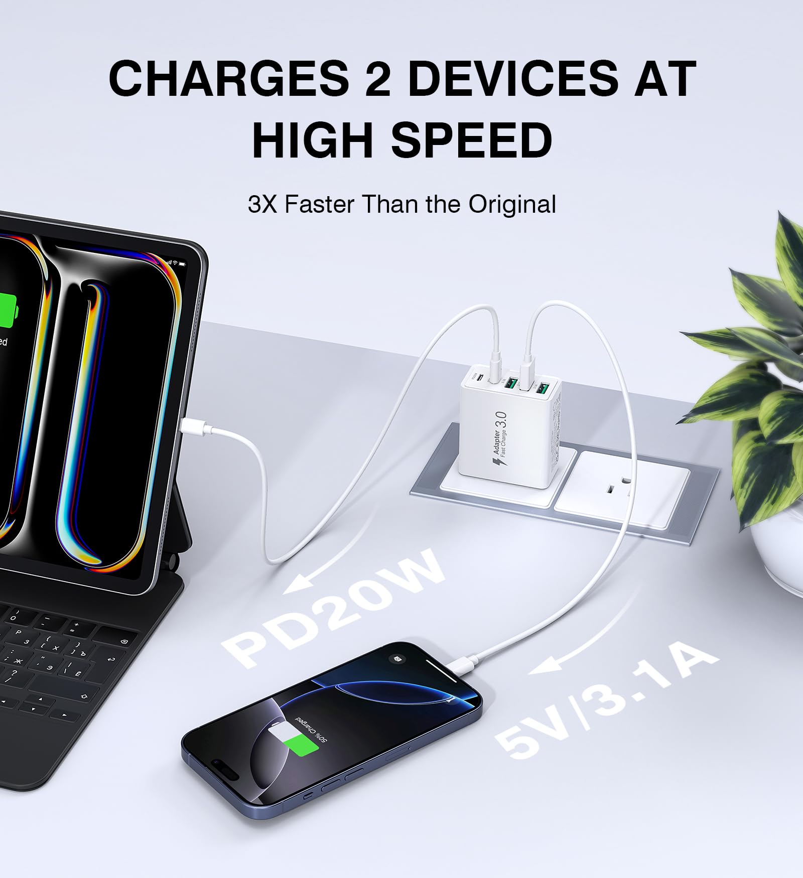 2-Pack 50W 5-Port USB C Wall Charger with PD Fast Charging - Dual USB-C & Triple USB-A Ports for iPhone 16/15/14/13/12/Pro Max/XS, iPad, Samsung Galaxy Ultra 2, Nintendo Switch - Perfect for Home, Office & Travel Charging Multiple Devices Simultaneously